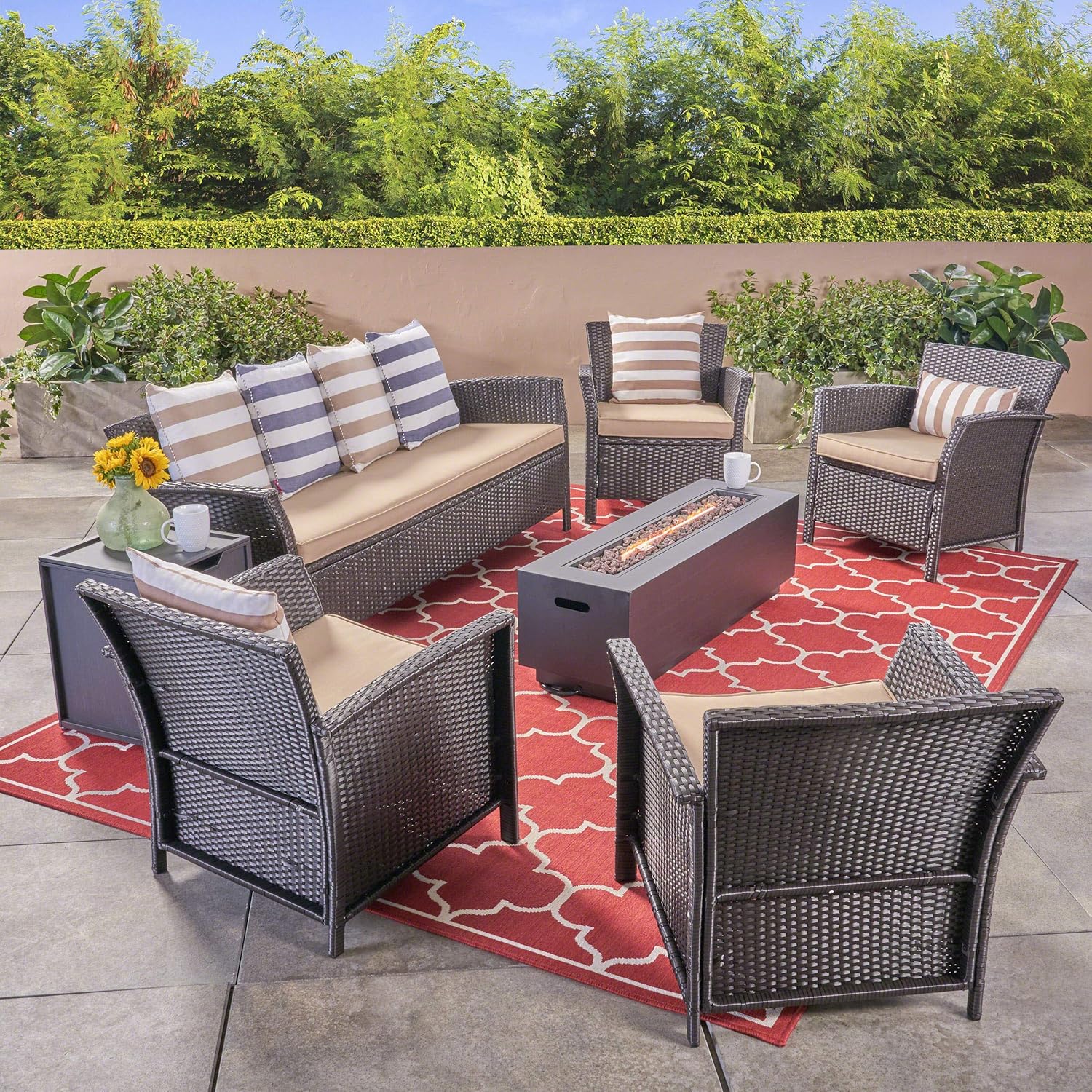 Great Deal Furniture GDFStudio Outdoor 7 Seater Wicker Chat Set with Fire Pit, Brown and Tan and Dark Gray