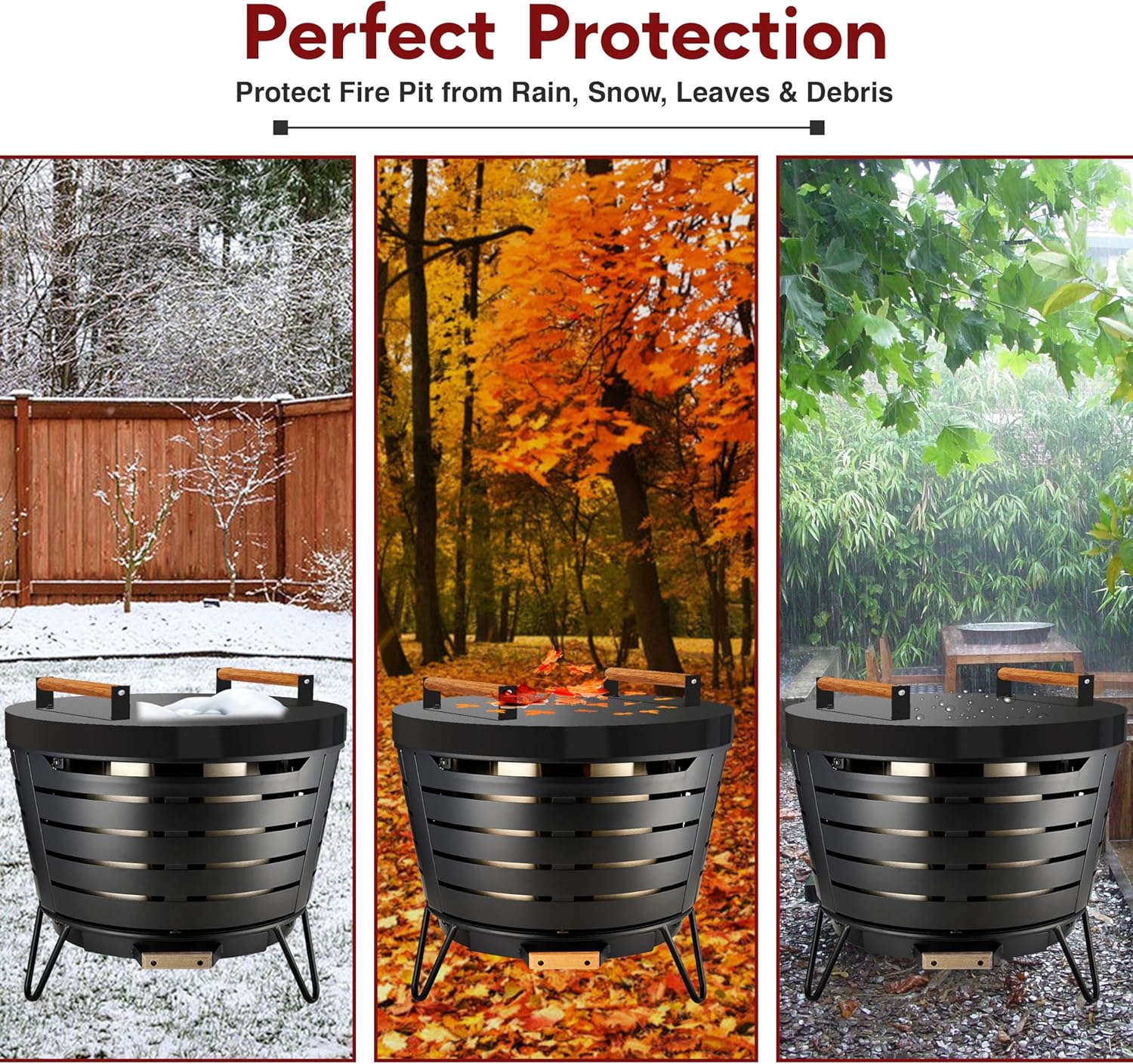 FEBTECH - Tabletop Fire Pit Lid 25.5 Inch - Compatible with Fire Pits Inside Up to 23 Inch - Carbon Steel Tabletop Firepit Shield with Dual Wooden Handles - Firepit Accessories for Bonfire