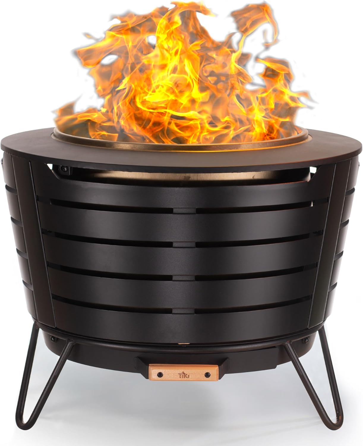TIKI Patio Fire Pit Bundle – 25-Inch Smokeless Wood Burning Outdoor Fire Pit for Backyard, Patio, Deck & Garden with Removable Ash Pan, Stand & Weather-Resistant Cover – Modern Black Stainless Steel