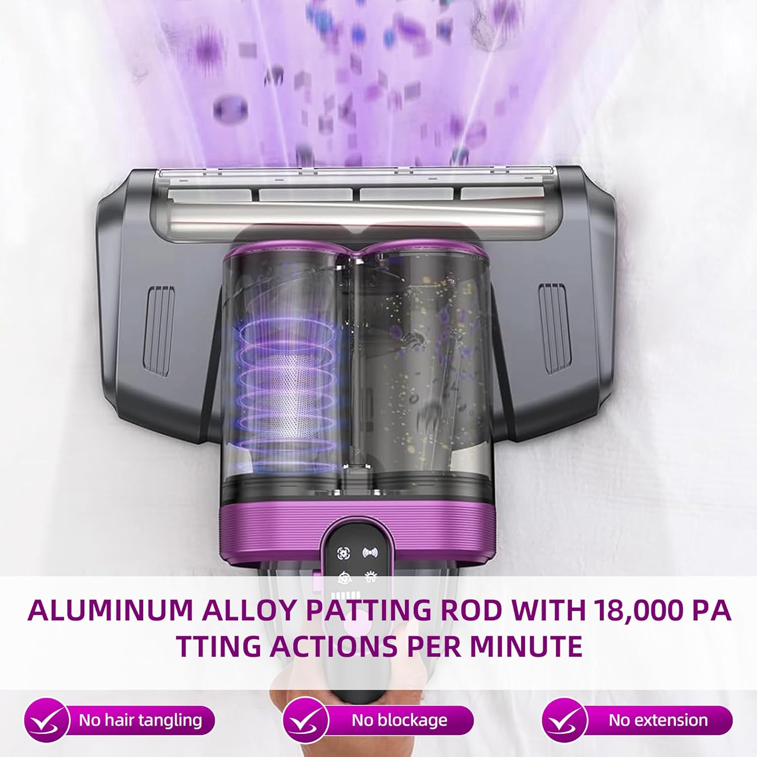 Mattress Vacuum Cordless with 16Kpa Suction & HEPA Dust Cups, 253.7nm UV-C Light & Ultrasonic, Low Noise Widened Suction Port Handheld Vacuum for Bed Pillows Couch Car Seat Rugs, Gray Purple