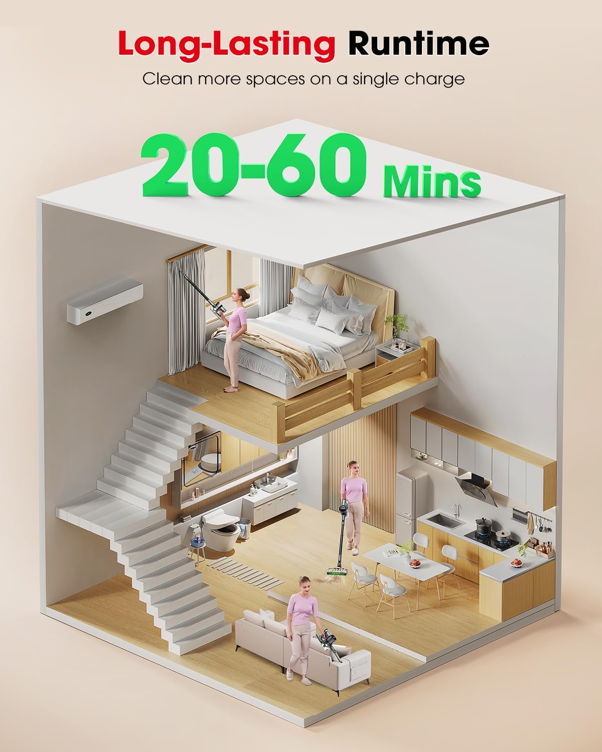 Cordless Vacuum Cleaners for Home, Up to 55 Minutes, Powerful Suction, Tangle-Resistant, Lightweight, Rechargeable Stick Vac with Wall Mount for Carpet, Tile, Pet Hair, Hardwood Floors