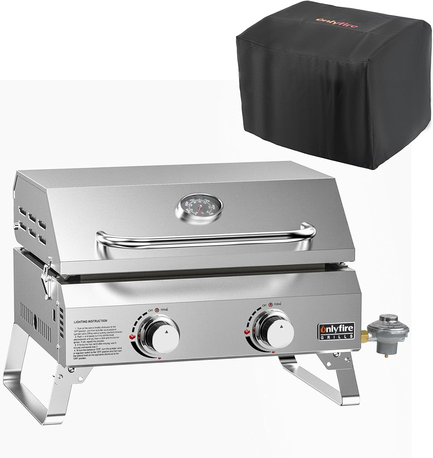 Onlyfire Flat Top Gas Griddle and Grill Cover Bundle, 2-Burner Tabletop BBQ Propane Grill Griddle, Portable Grill Stove for Outdoor Cooking Patio Party Camping Tailgating RV, Stainless Steel, GS318