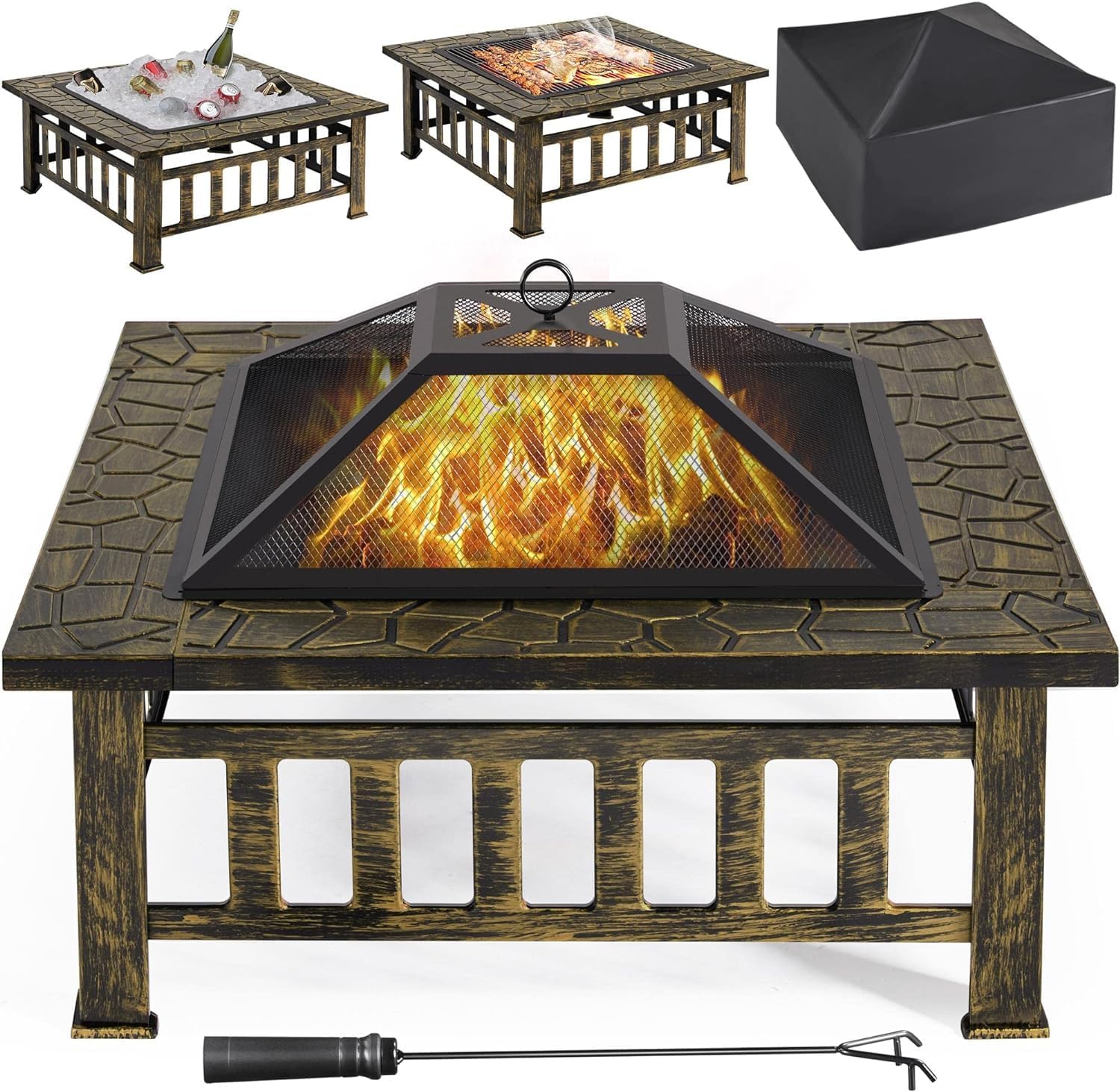 34in Fire Pit Table Outdoor Fire Pits Square Steel Stove with Mesh Screen, Waterproof Cover & Poker for Outside Patio Bonfire Camping (Bronze)