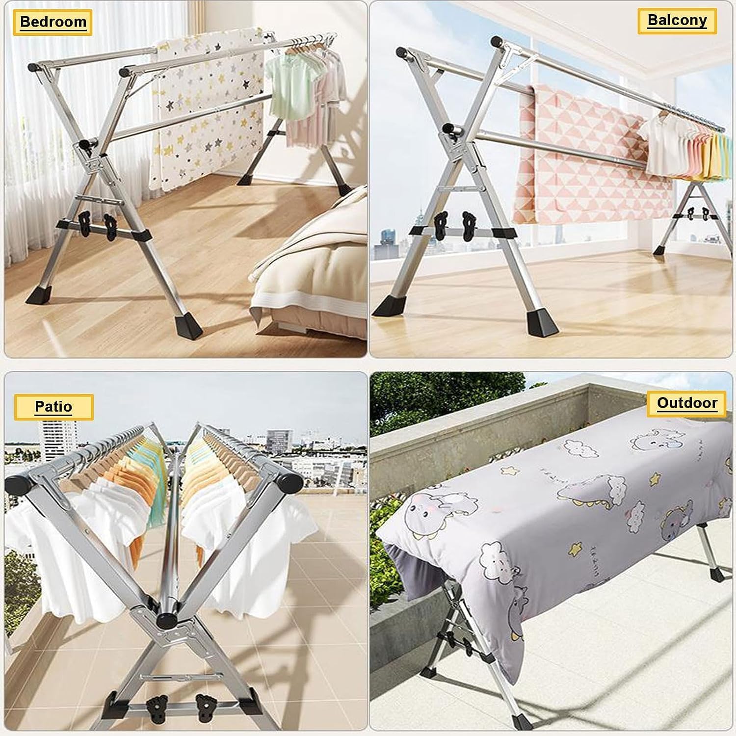 Laundry Rack Clothes Airer Folding Adjustable Laundry Rack Stainless Steel Garment Rack with 4 Universal Wheel Clothing Drying Rack Clothes Dryer Rack