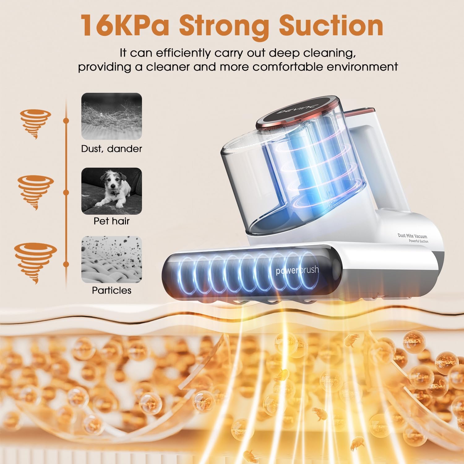 DEVINC Mattress Vacuum Cleaner, 16 KPa Bed Vacuum Cleaner with 253.7nm UV-C Light, HEPA Filter & Heating Tech, Handheld Vacuums for Bed, Sofa, Couch, Crib, Fabric Surfaces(Corded)