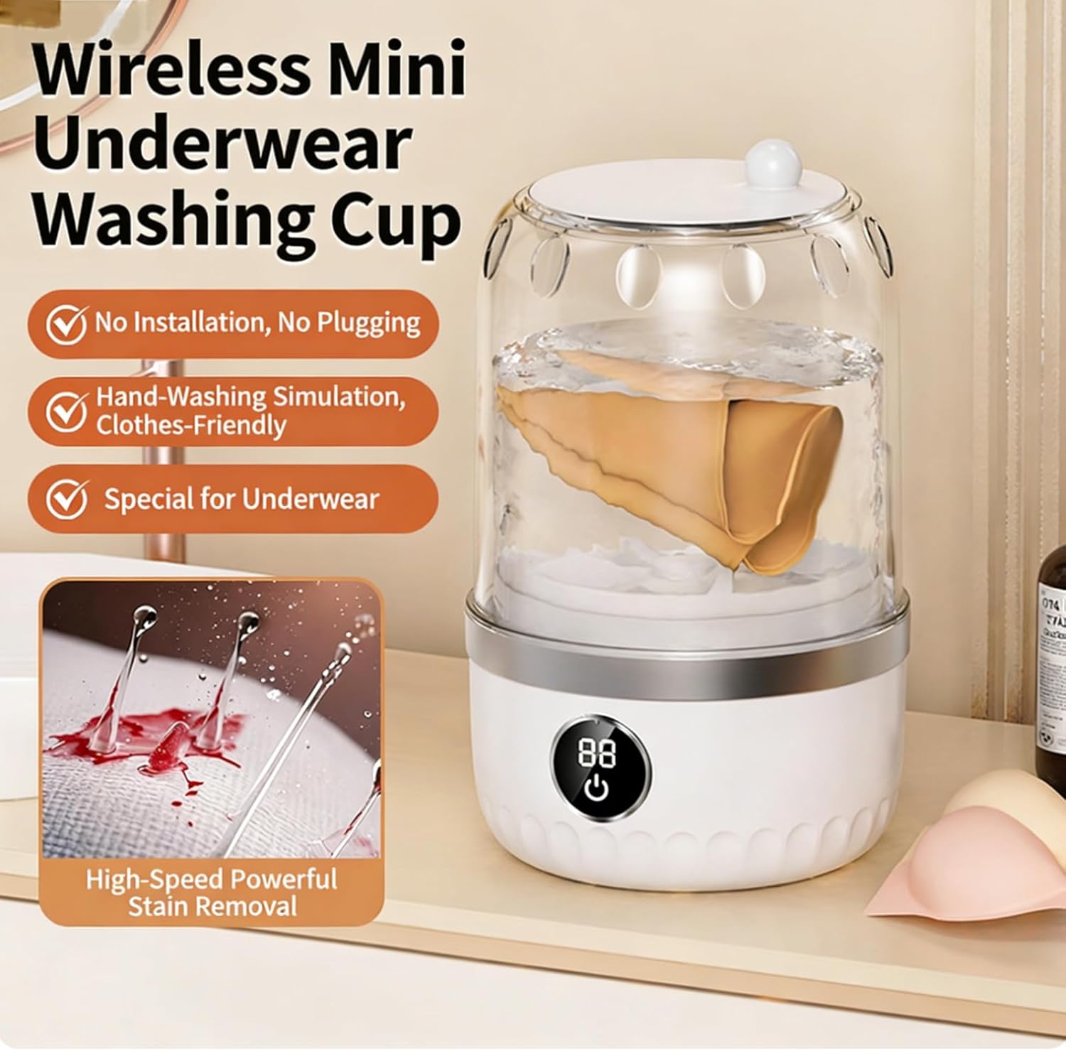 Portable Mini Underwear Washer, 3000mAh Rechargeable Cordless Washing Machine for Socks/Lingerie, USB Charging, 2 Cleaning Modes, Waterproof, Ideal for Dorm/Travel/Home