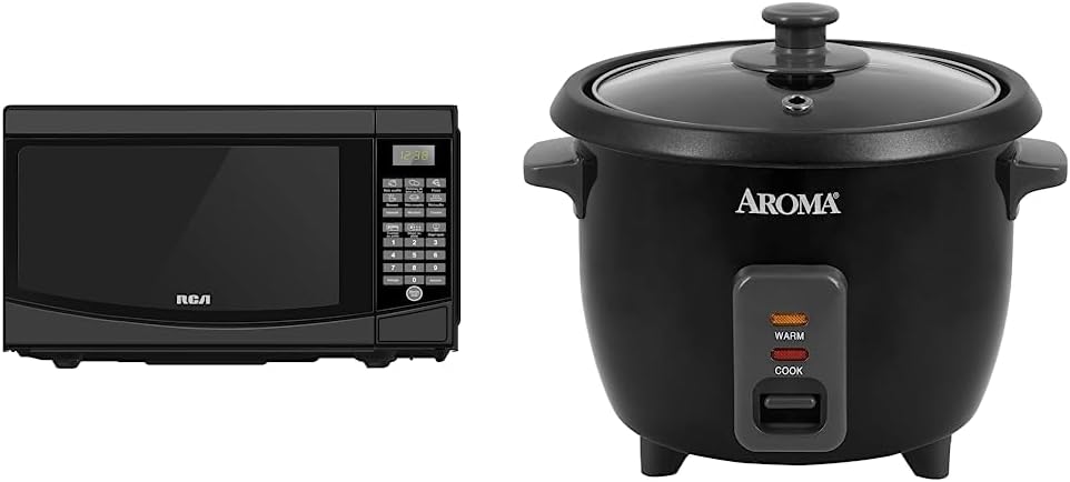 RCA RMW733-BLACK RMW733 0.7 Cu. Ft. Microwave, Black & Aroma Housewares 6-Cup (Cooked) / 1.5Qt. Rice & Grain Cooker (ARC-363NGB),Black,6-Cup Cooked / 3-Cup Uncooked