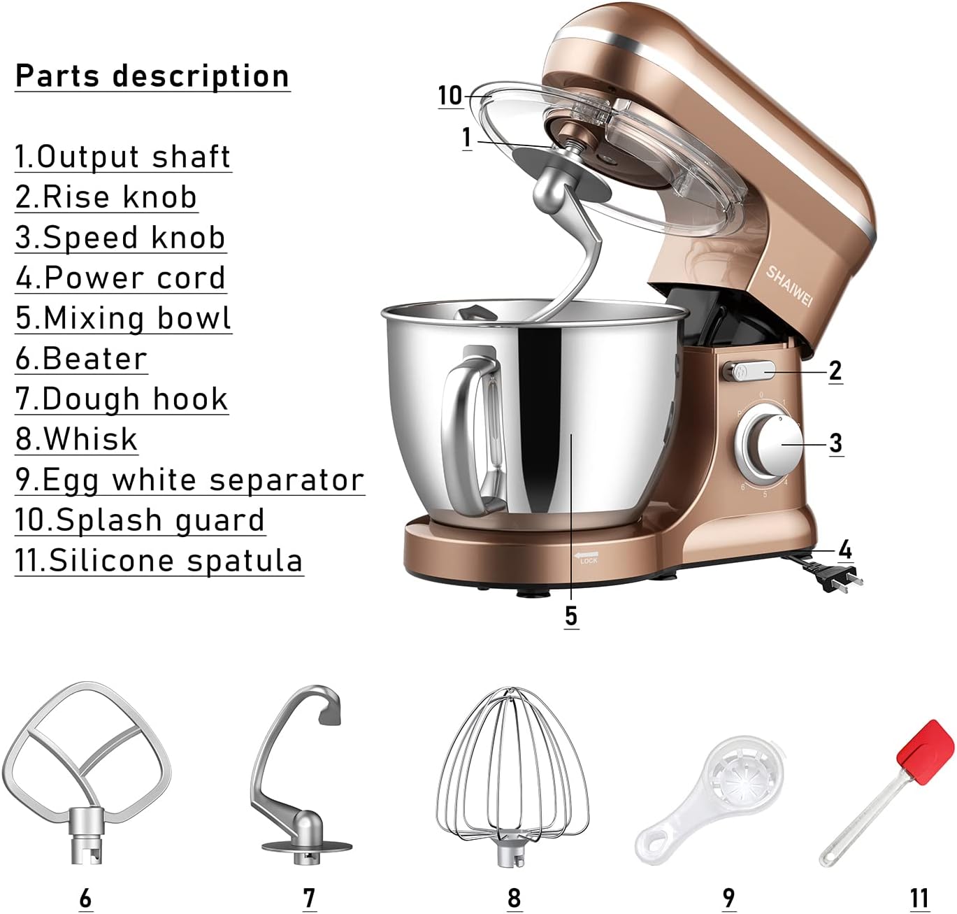 Kitchen Stand Mixer, 6.5 Quart, 6 Speed Tilt-Head Kitchen Mixer, Electric Food Mixer with Dough Hook, Wire Whip, Beater, Gold