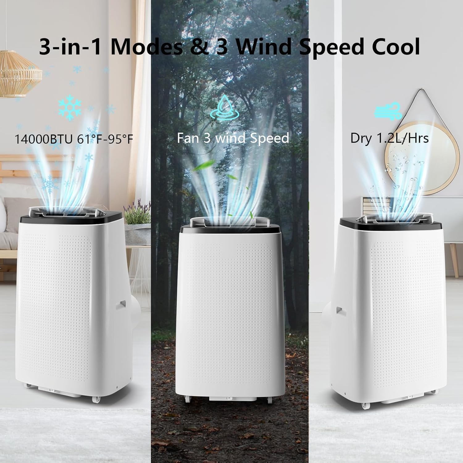 Portable Air Conditioner 14000 BTU, 4-in-1 Portable AC Unit Up to 750 Sq. Ft, Quiet Air Conditioner with Remote Control, Cool, Dehumidifier, Fan Modes, 24H Timer, Home, Bedroom, Office, Apartments