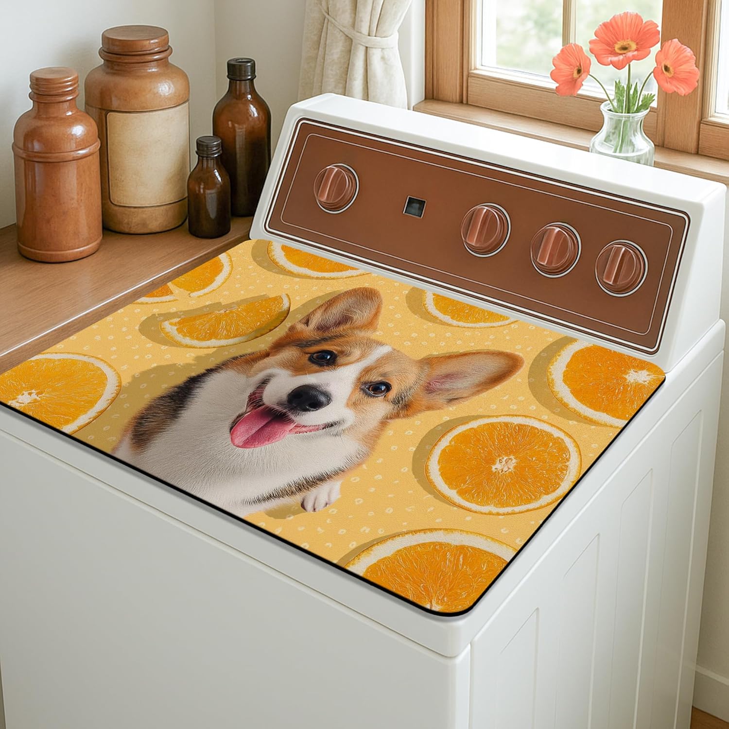 Corgi Washer Dryer Top Protector Mat, Dog Patterned Laundry Machine Dust Covers, Fun and Fanciful Rubber Anti-slip Waterproof Washer And Dryer Mats for Laundry Room 20x24 Inch