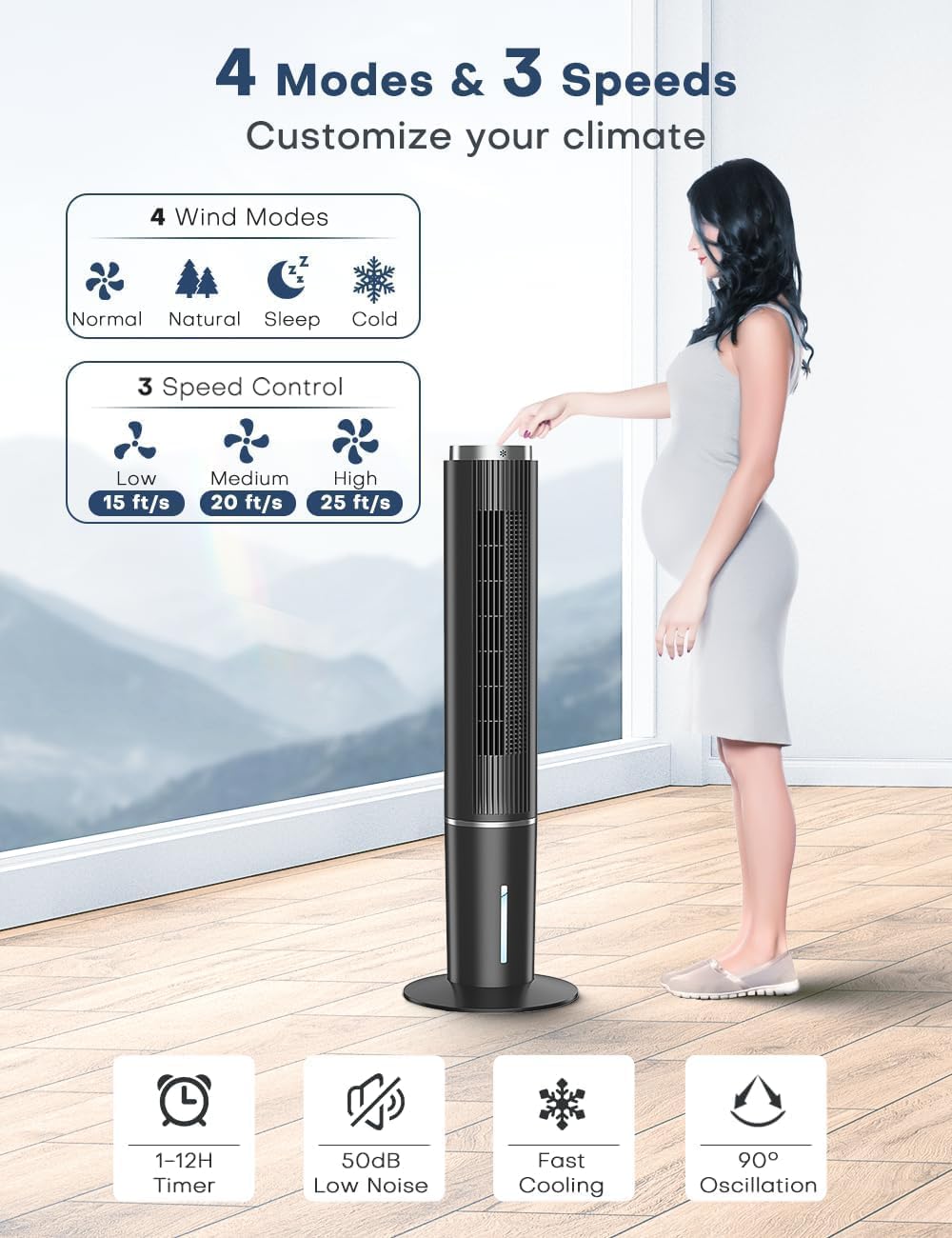 42 INCH Windowless Portable Air Conditioners w/4 Modes & 3 Speeds, 1-Gal Tank for 15H Cooling, 12H Timer, Swamp Cooler Air Conditioner No Window Needed, 90° Oscillating AC Unit for Bedroom