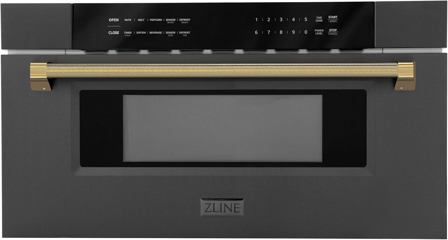 ZLINE Autograph Edition 30 in. 1.2 cu. ft. Built-in Microwave Drawer in Black Stainless Steel and Polished Gold Helix Handle (MWDZ-30-BS-KG)