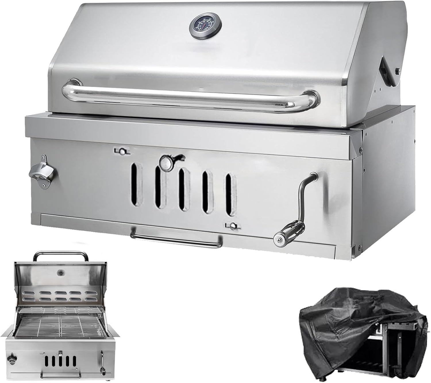 Large Charcoal BBQ Grills, Built in Barbecue Grill with Liftable Tray, Insulated Hood & Temp Gauge, Silver Stainless Steel BBQ Barrel Grill for Outdoor Kitchen Cooking Family Parties Patio Park Style