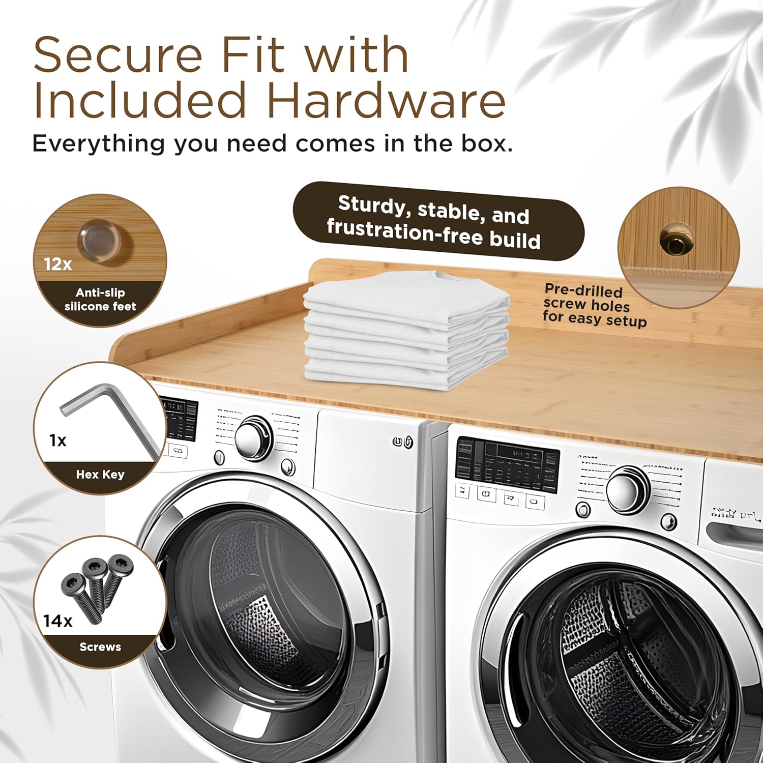 Solid Bamboo Washer Dryer Countertop, Laundry Wood Shelf Topper with Non-Slip Pads, Edge Rails and High Back Rail for Laundry Room Storage & Organization, Washer Dryer Counter Storage, 25