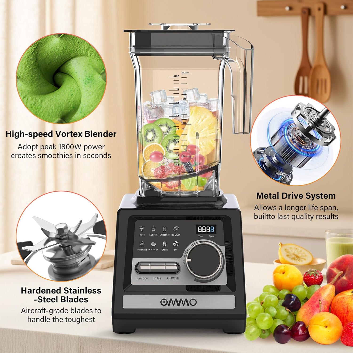 OMMO Blender, Peak1800W Blender for Smoothies, 68oz BPA-Free Smoothie Blenders for Kitchen with 9 Speed Control&Built-in Timer, Dishwasher Safe for Ice Crush, Smoothies, Frozen Drinks and Fruits