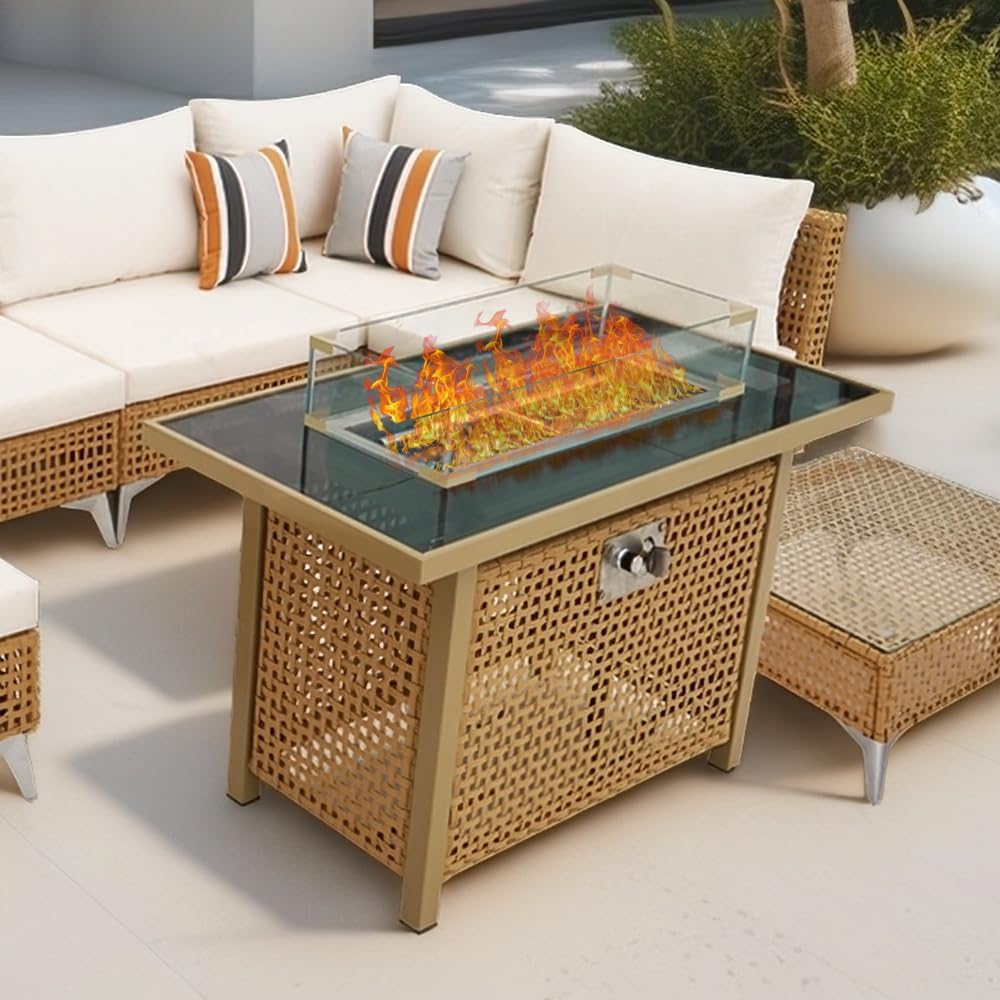 43 Inches Propane Fire Pit Table, 60,000 Btu Rectangular Outdoor Fire Pit with Glass Wind Guard for Patio, Deck, Backyard – Orange & Mustard Yellow (Orange-Yellow) (1 Doors)