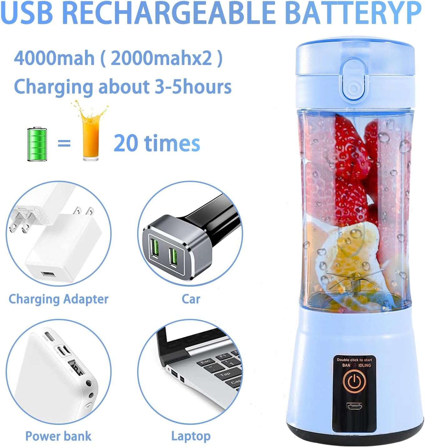 13.5oz Portable Blender for Smoothies, Shakes, and Juices - USB Rechargeable Mini Blender Cup With Protection Design for Home, Office, Outdoors - Multi-purpose BM1-B1