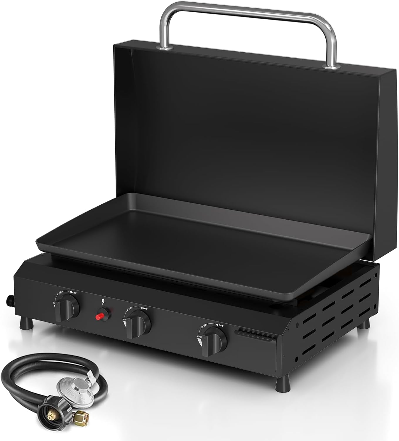 3 Burner Flat Top Grill with Hood, 25.6 Inch Stainless Steel Propane Griddle Portable, 45,000 BTU Gas Griddle with Lid for Kitchen, Outdoor BBQ, Camping