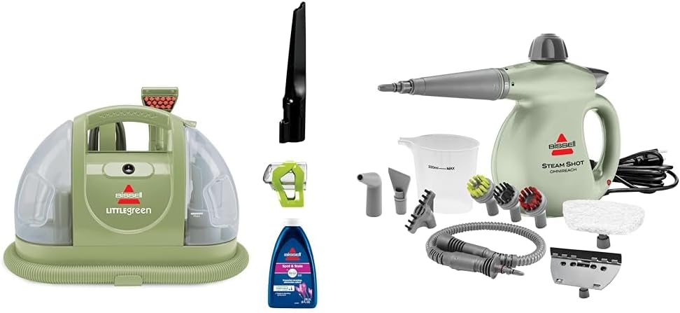 BISSELL Little Green Portable Carpet and Upholstery Cleaner, Car and Auto Detailer, with Exclusive Specialty Tools, Green, 1400B + BISSELL® Steam Shot™ OmniReach Handheld Steam Cleaner, New 2024 Model