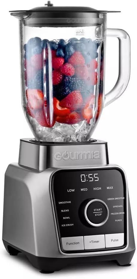 Gourmiia Digital Blender 38oz Glass Jar – 8 Auto Blend Programs, 4 Speeds, Pulse & Tamper – Ice Crusher, Smoothie Maker, BPA-Free, Easy-Clean, High-Speed Countertop Blender – Gray