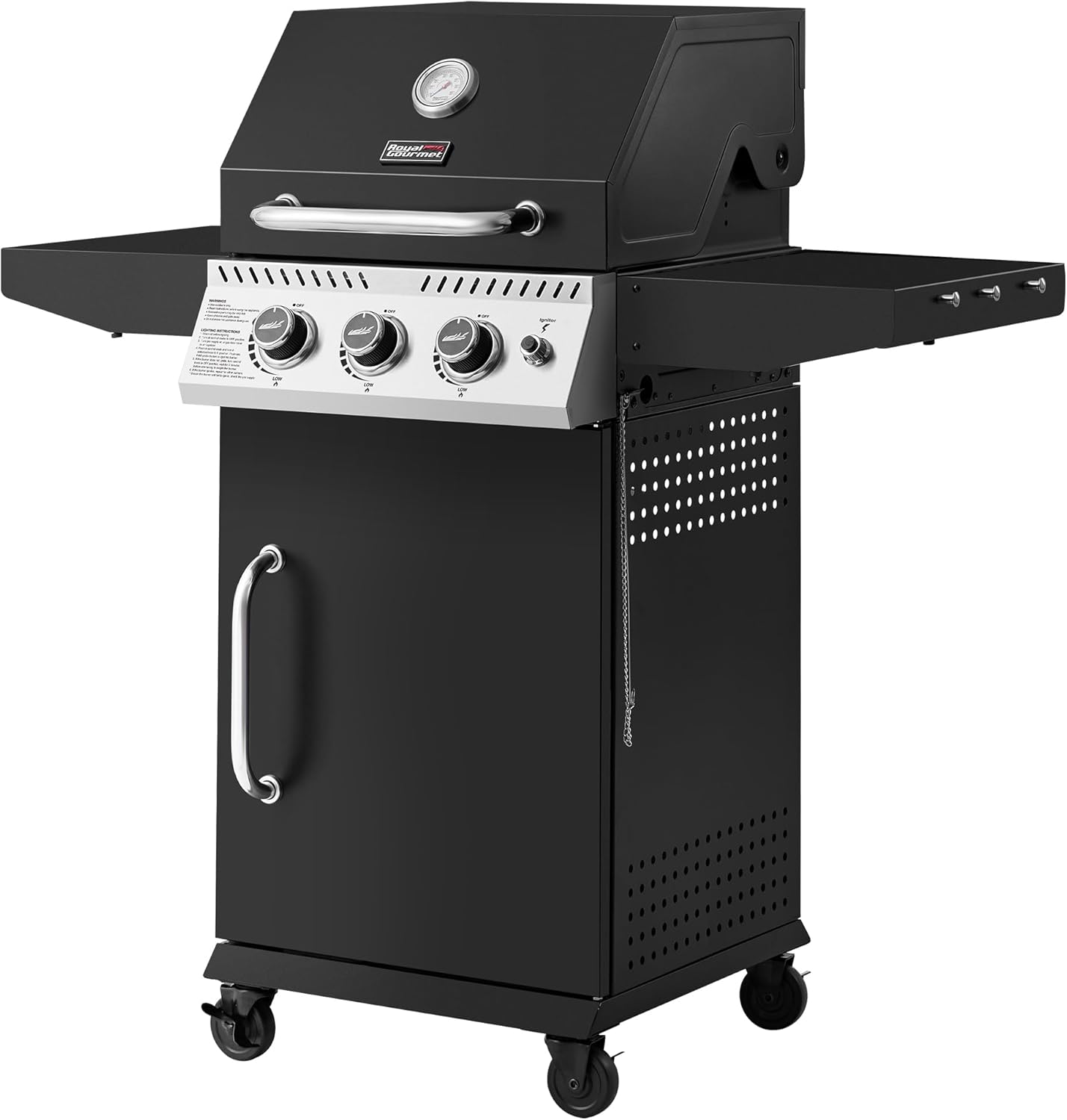 Royal Gourmet GG3001H 3 Burner Propane Gas Grill with Warming Rack, Cabinet Style Gas BBQ Grill with 30,000 BTUs Output for Barbecue Grilling & Backyard Cooking, Black