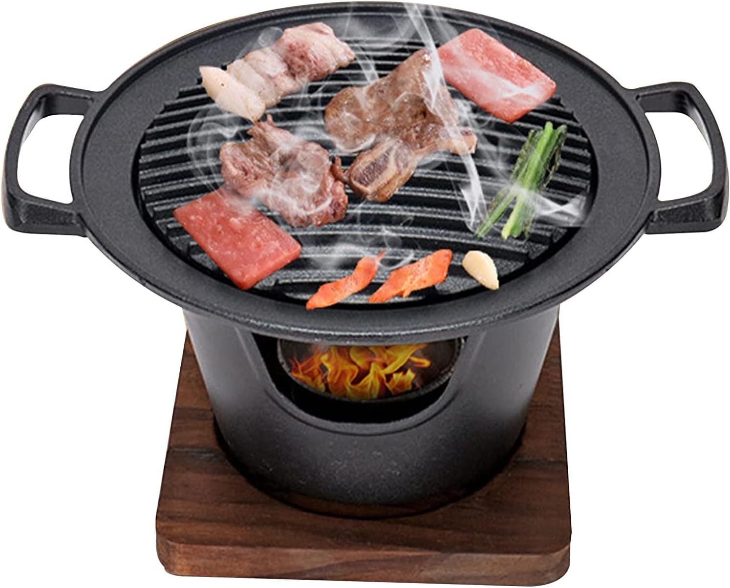Barbecue Grill, Portable Household Charcoal Barbecue, Multifunctional Charcoal Barbecue Grill with Wooden Heat-Insulating Base, Tabletop Grill Roasting Pans Nonstick Japanese Style