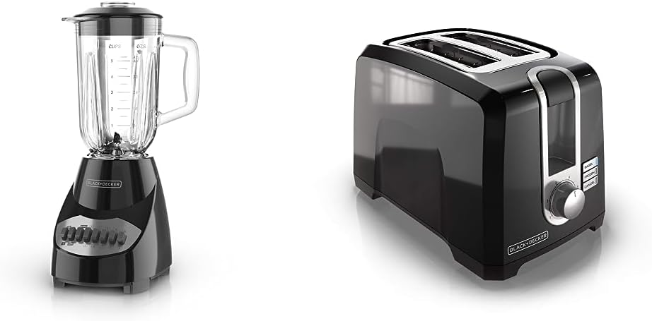 BLACK+DECKER 10-Speed Countertop Blender with 48oz Glass Jar and 4-point Stainless Steel Blade and BLACK+DECKER 2-Slice Extra Wide Slot Toaster