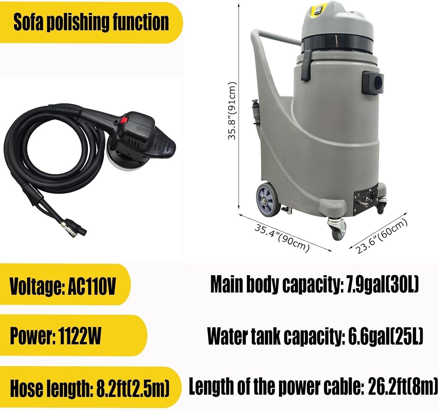 110V Carpet Cleaner machine, 3 in 1 Commercial Carpet Extractor Machine, 1122W Sofa Grinding Machine with 30L Capacity