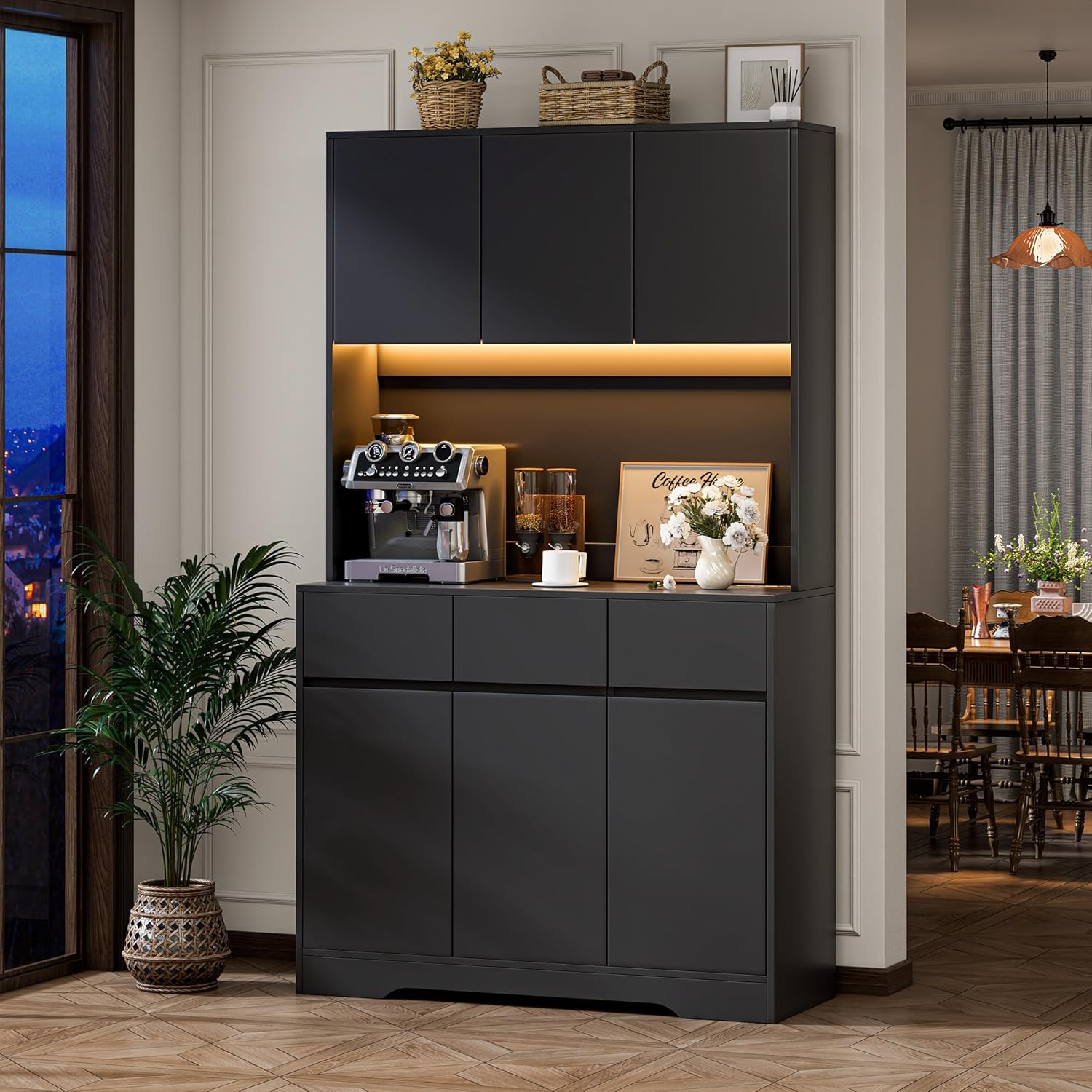 71'' Pantry Cabinet with LED Light & Charging Station, Tall Freestanding Kitchen Storage Cabinet with Microwave Stand, Modern Hutch with Drawers & Open Countertop for Dining Room, Living Room, Black