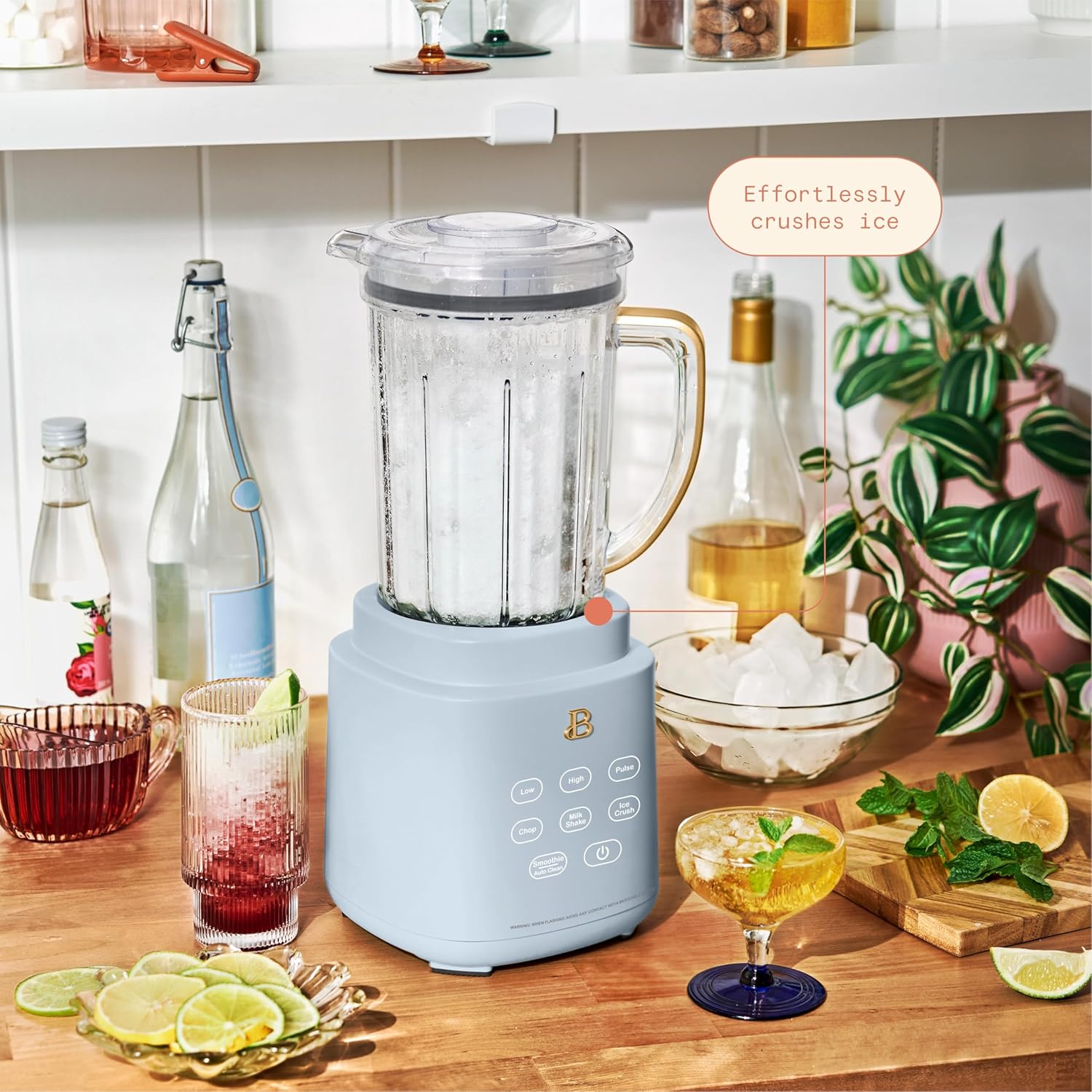 B'eautiful PowerExact High-Performance 700-Watt Blender by Drew Barrymore, 50-Ounce Pitcher, Stainless 4-Tip Blade, 3 Speeds + 4 Presets, Dishwasher-Safe Parts, Travel Cup Included (Cornflower Blue)