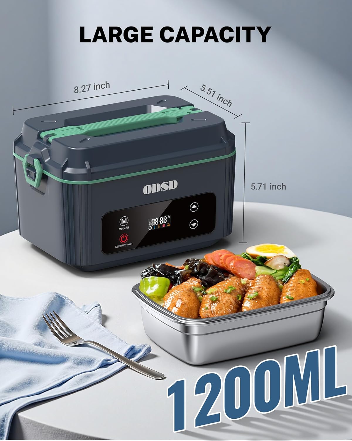 ODSD Cordless Electric Lunch Box for Adults, Heated Lunch Box with 130min Battery Life, Self-Heating Portable Electric Food Warmer with 1.2L Container for Truck, Office, or Outdoor Worksite