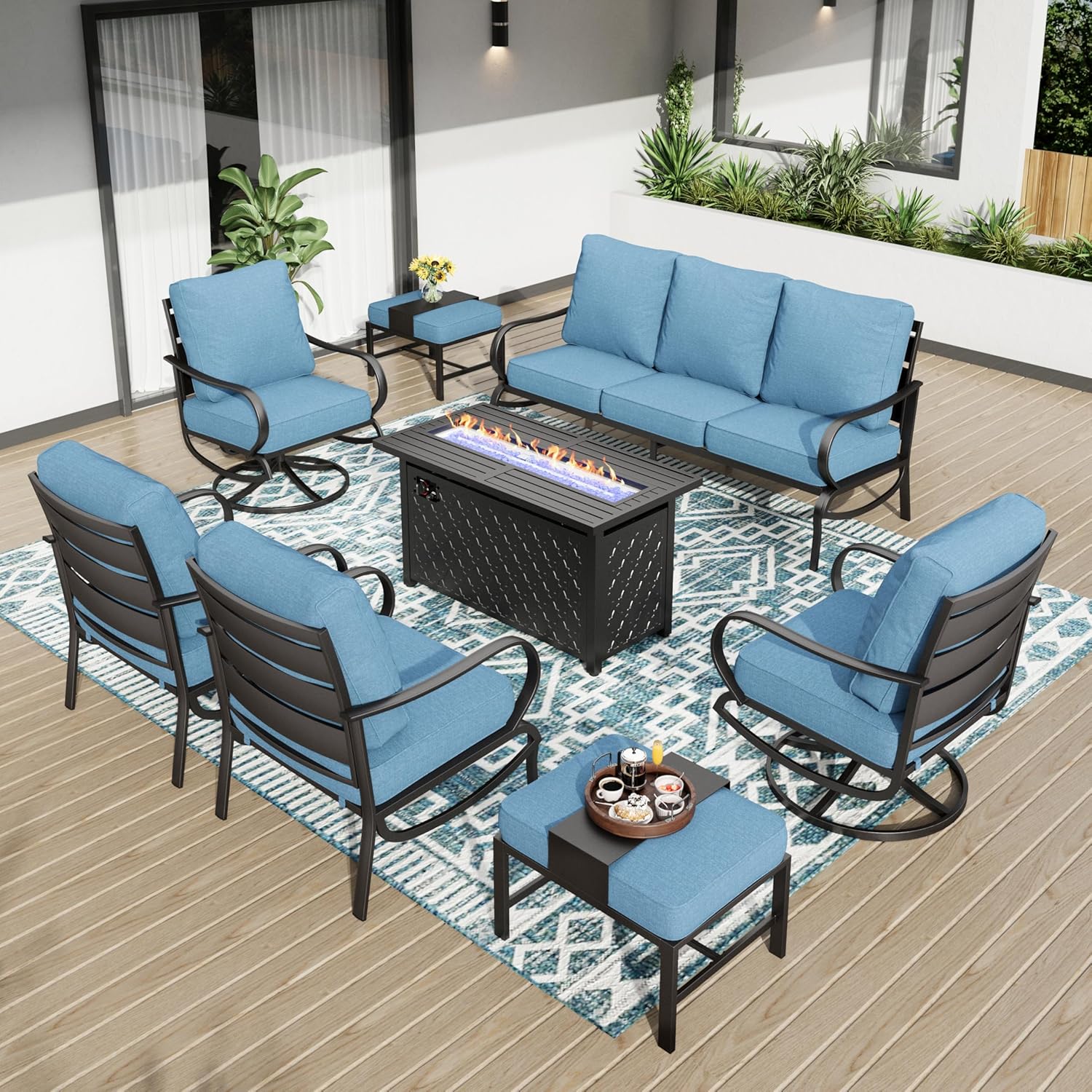 PHI VILLA Outdoor Patio Furniture Set, Swivel Sofa Chairs & 3 Deep Seat Sofa Bench, Gas Firepit Table, Upgraded Fabric Suitable for Outdoor Use, 8 PCS Navy Blue