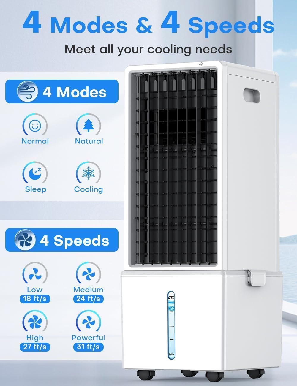 4-IN-1 Windowless Air Conditioner w/3.2-Gal Tank for 24H Cooling, 4 Wind Speeds & 4 Modes, LED Touch Screen, Waterless Alert System & 12H Timer, Remote, Portable Air Conditioners for Bedroom