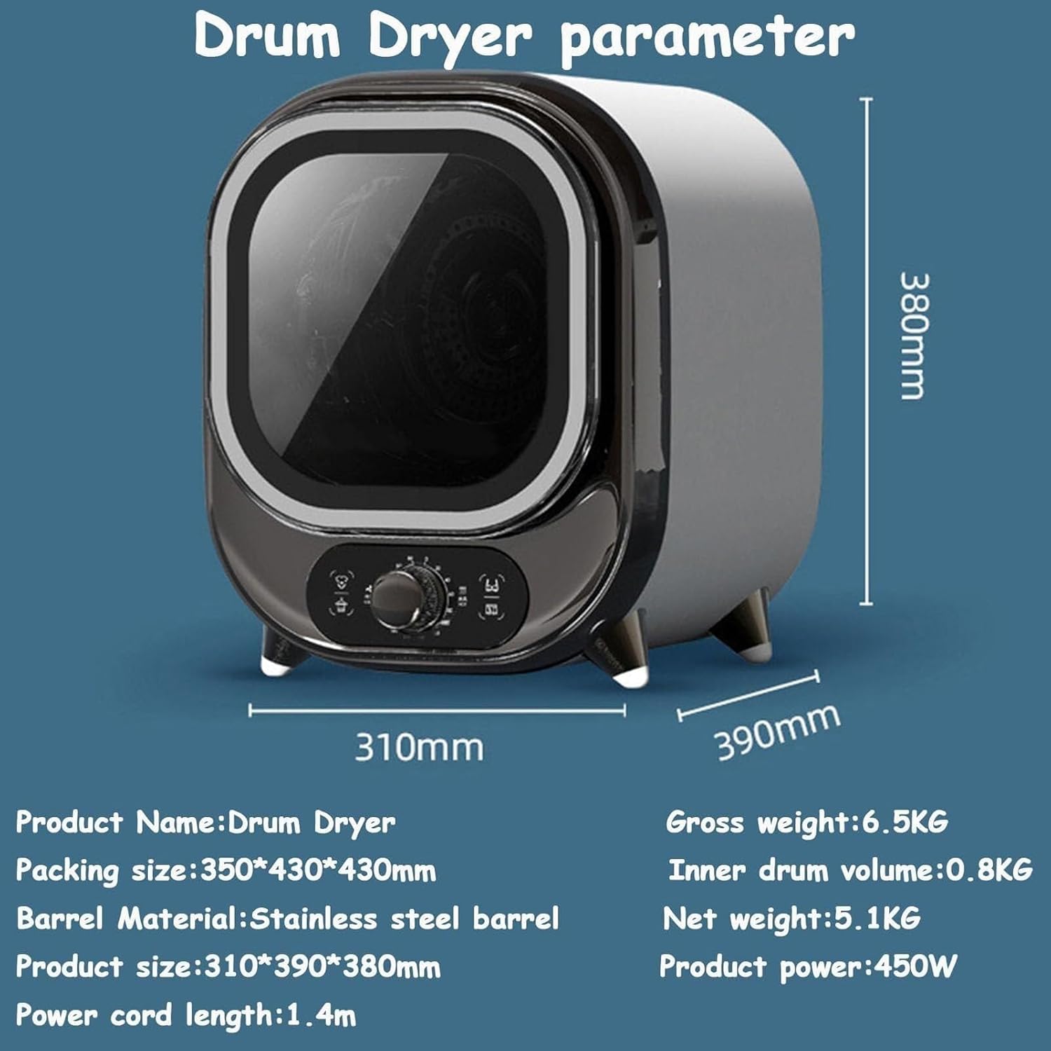 Small Portable Condenser Dryer,with Dual Temperature Control Probe,Condenser Tumble Dryer with Stainless Steel Tub,0.8kg Load Capacity For Countertop Or Wall Mounted 450W for Apartment, Dorm(C)