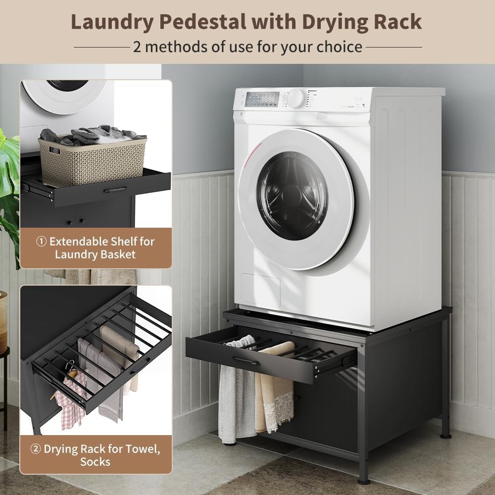 Washer and Dryer Pedestals, 29” Heavy Duty Laundry Pedestal with Storage Cabinet and Laundry Basket Shelf, Universal Washing Machine Stand, 700 LBS Capacity, Black