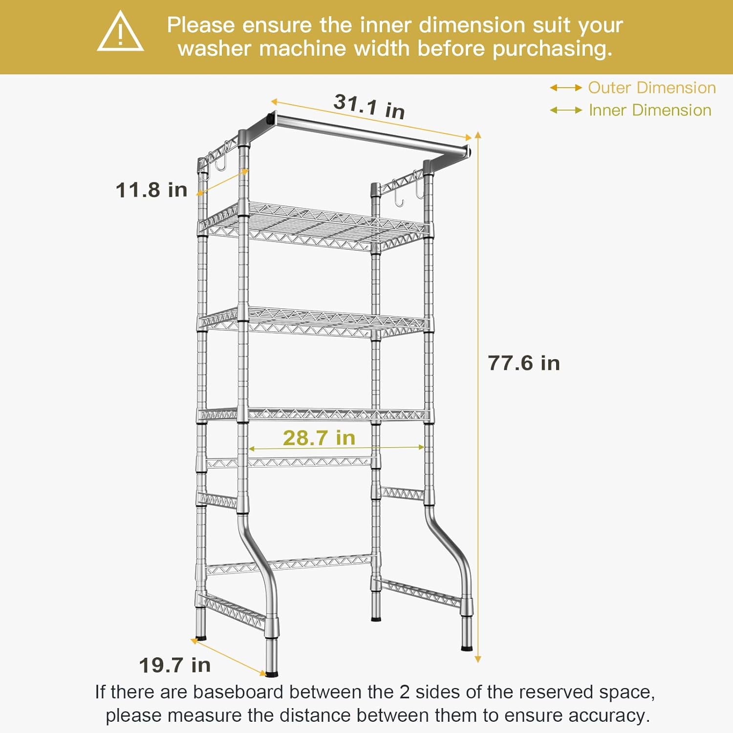 Ulif U11 Medium Over Washer and Dryer Shelves, 3 Tiers Laundry Room Storage and Organizer Standing Shelf, Metal Freestanding Clothes Drying Rack, 31.1
