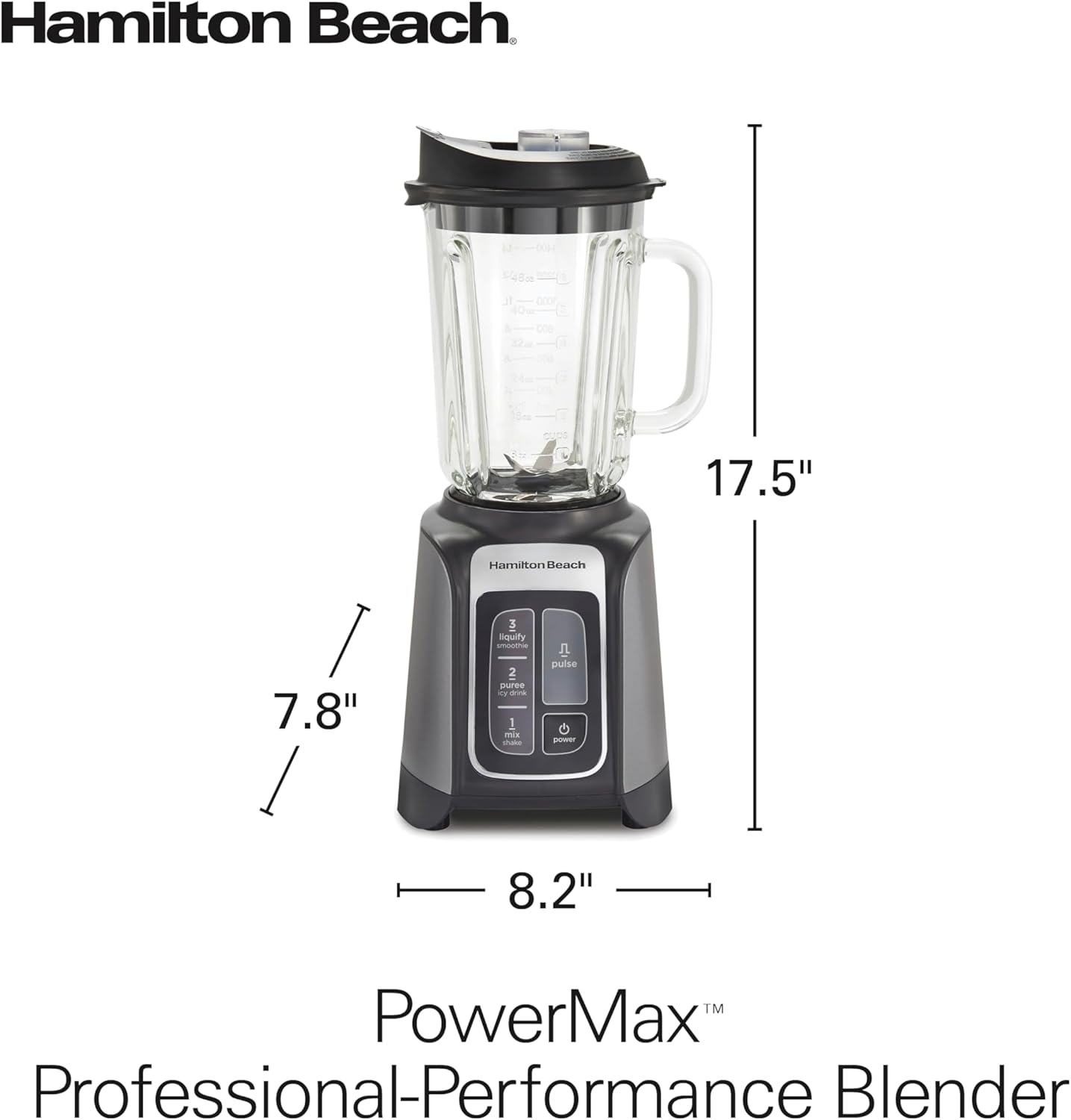 Hamilton Beach PowerMax Professional-Performance Blender for Shakes and Smoothies, Puree and Ice Crush, 48oz BPA-Free Glass Jar, 1680 Peak Watts, Stainless Steel Blades, Gray (58600J)