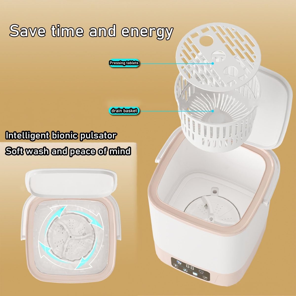 Small Washing Machine 10L Large Capacity Washer 9.5X9.5X11in Portable Washing Machine For RV Home Apartments Dorms Camping Travel Space Saver(Pink)