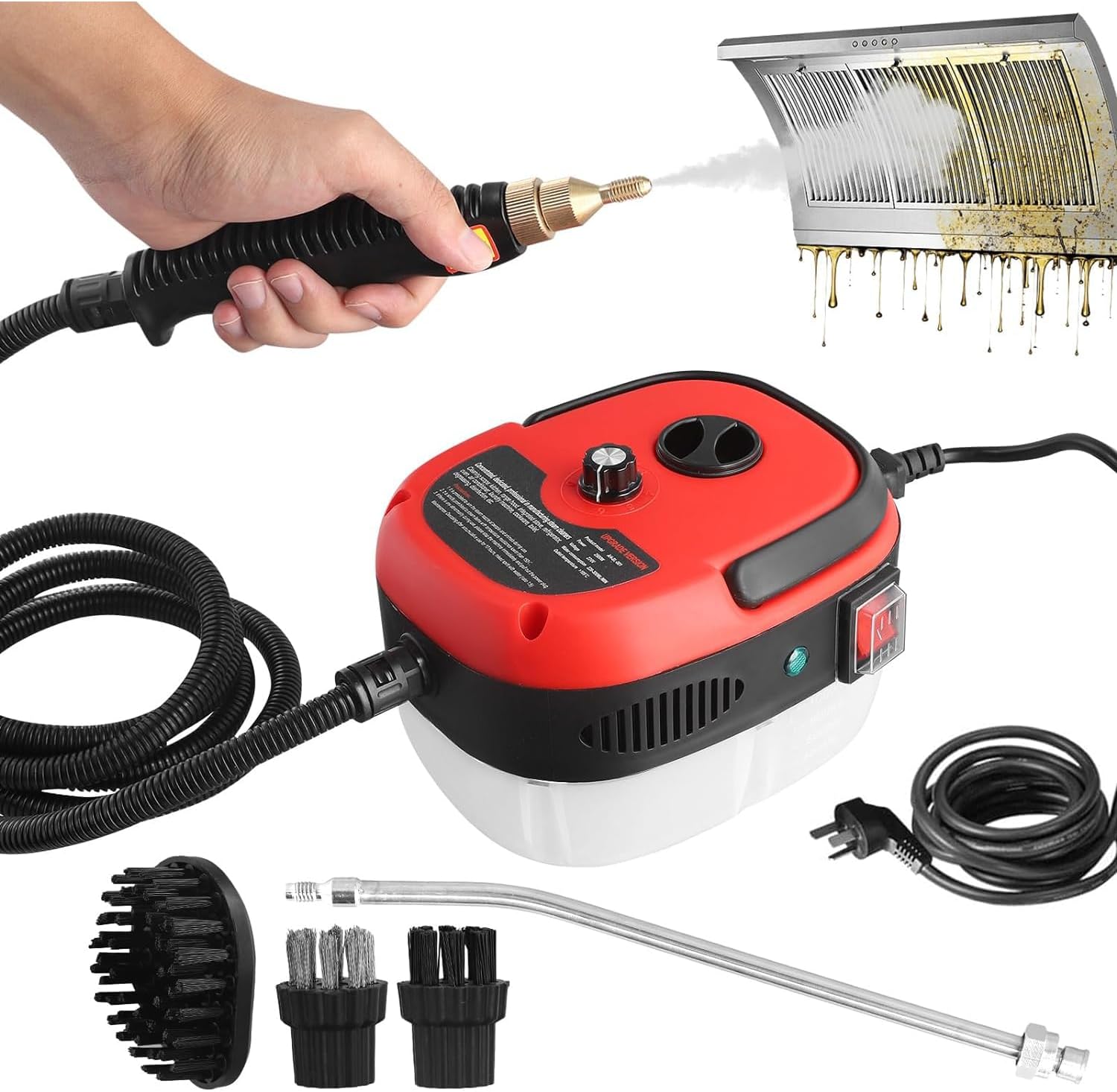 Steam Cleaner, 2500W Handheld High Temp Portable Steamer Cleaning Machine, With 3 Brush Heads, 6 Speed Gear Adjustment, for Cleaning Grout Tile Car Living Room Kitchen Bathroom, Red