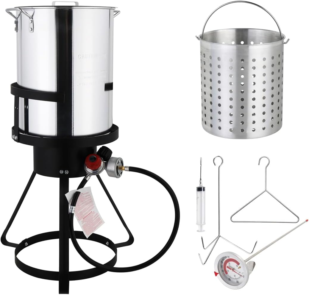 30 Qt. Aluminum Turkey Deep Fryer Pot with Injector Thermometer Kit and 54, 000 BTU Propane Stove Burner Stand for 20 Lbs Turkey, perfect for Outdoor Cooking and Frying