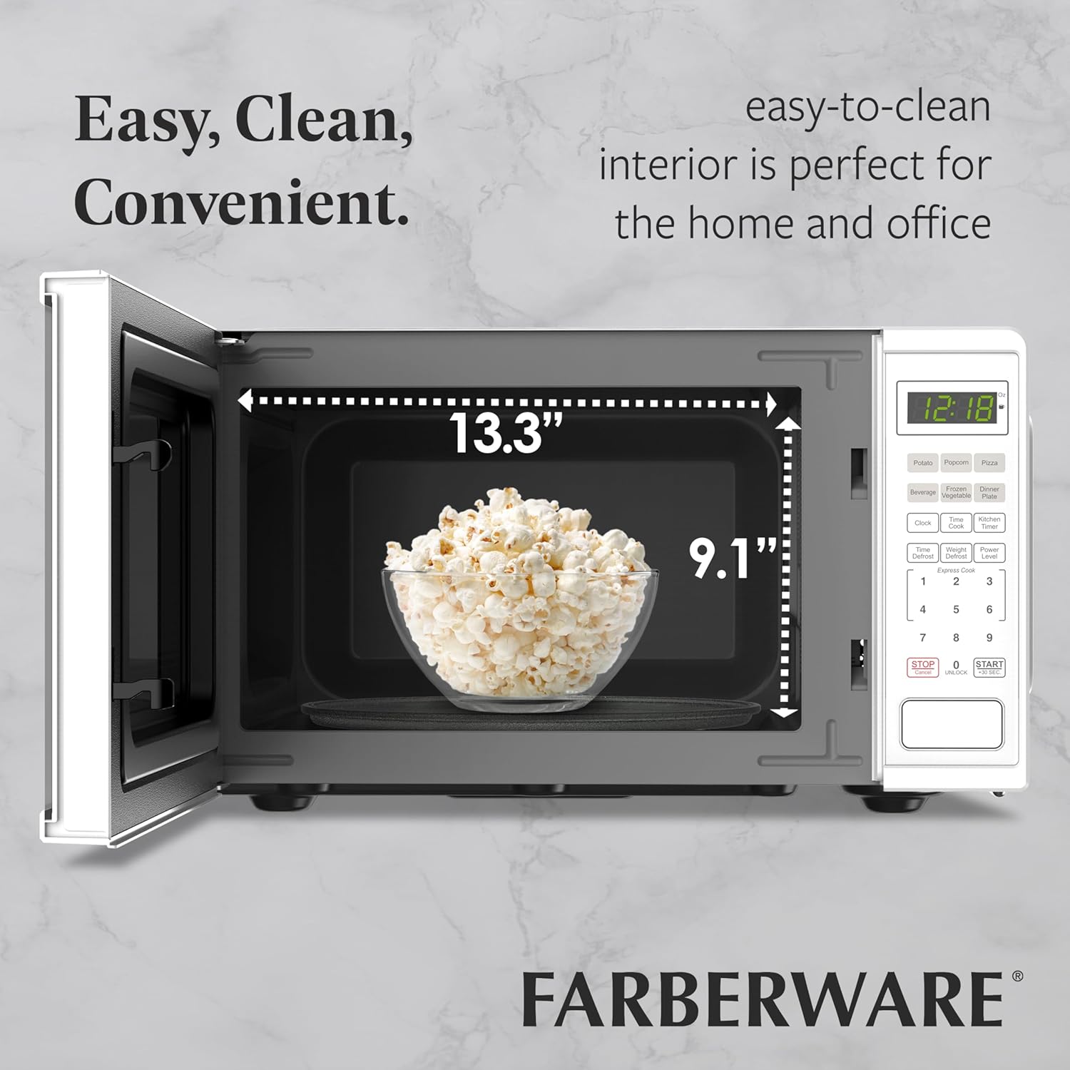 Farberware 0.9 Cu. Ft. Countertop Microwave Oven – 900 Watts Power, Auto Cook Settings, Defrost, Easy Clean and Child Safety Lock - White