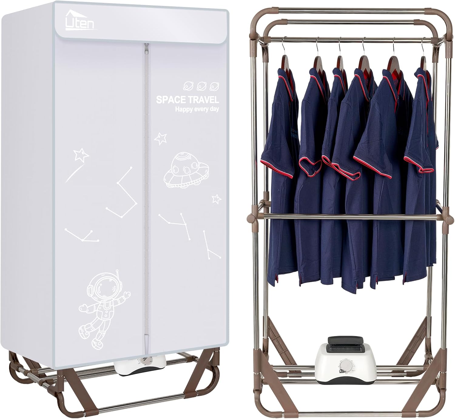Uten Clothes Dryer, 1500W Power Electric Clothes Dryer Machine with Timer, 2-Tier Laundry Drying Wardrobe, Foldable Clothes Drying Rack and Dryer for Travel, Apartments, RV, Home
