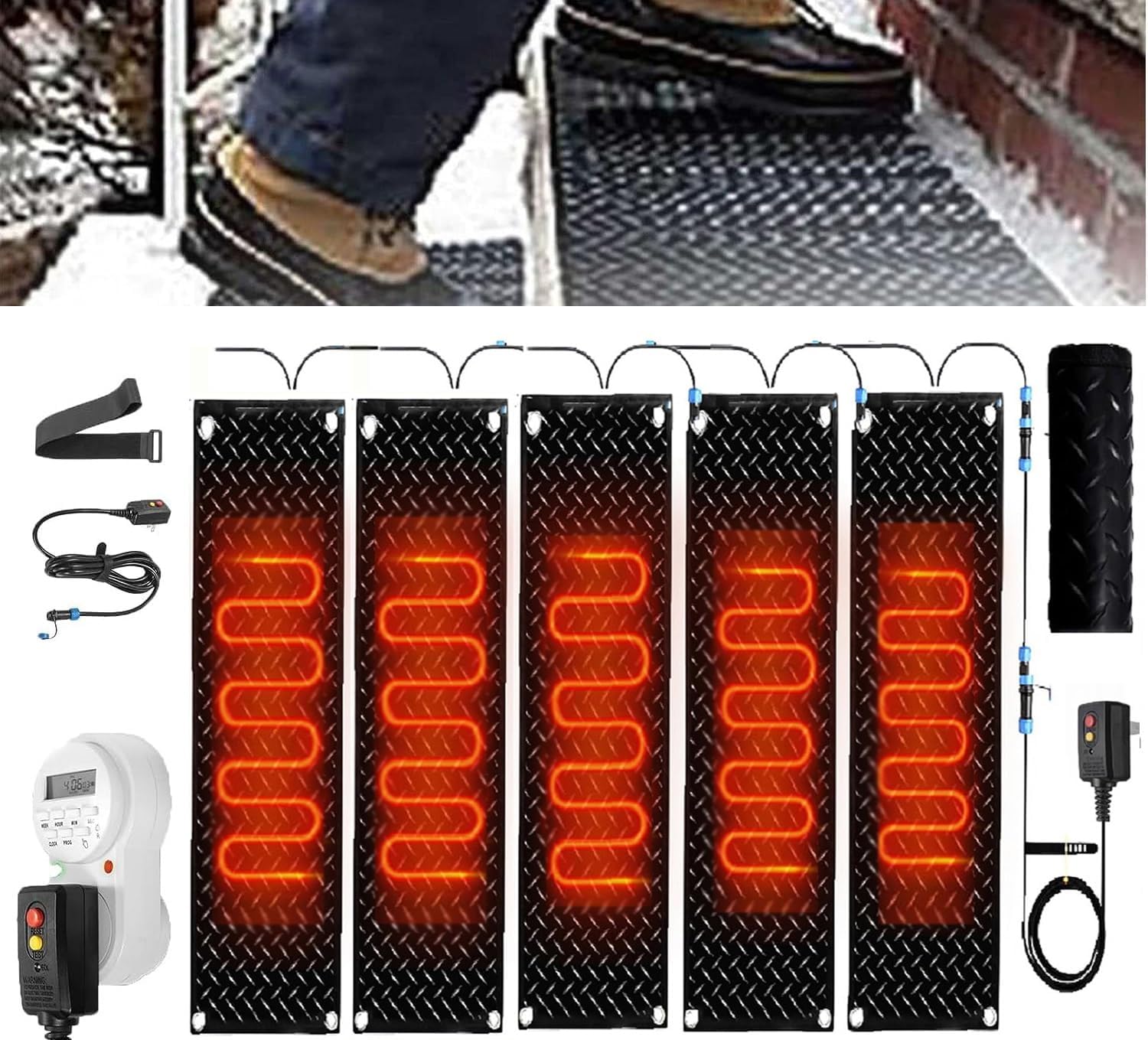 Heated Snow Melting Mats with Timer for Entrances 1/2/3/4/5 Pcs Outdoor Stairs- Non-Slip Winter Removal and Ice Melt Products -Heating Entrance(5 Pcs,12x36in/(30x90cm))