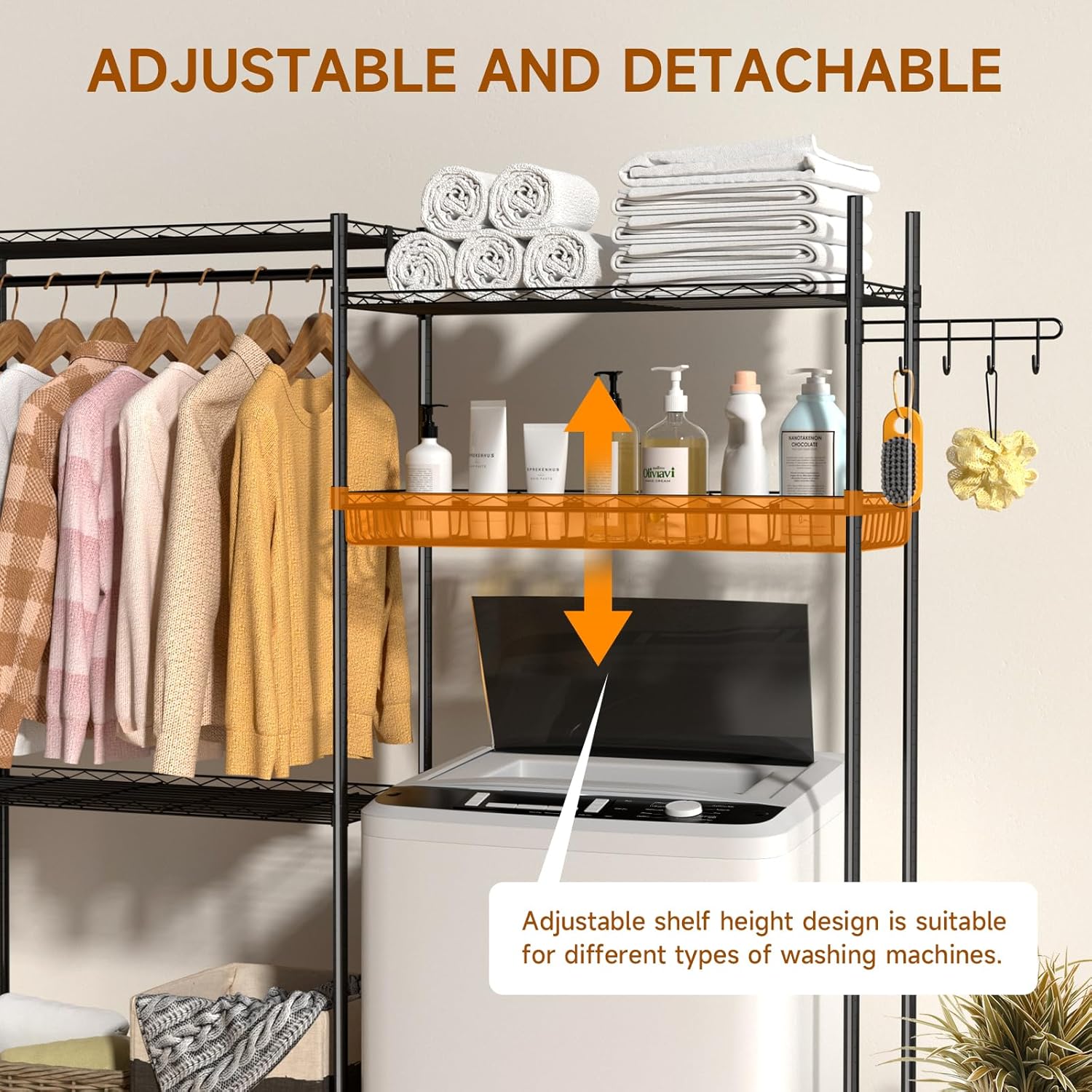 Over Washer and Dryer Storage Shelves, 4 Tiers Standing Clothes Drying Rack with Basket, Hanger Rod & Hooks for Laundry Room Storage Organization, Black
