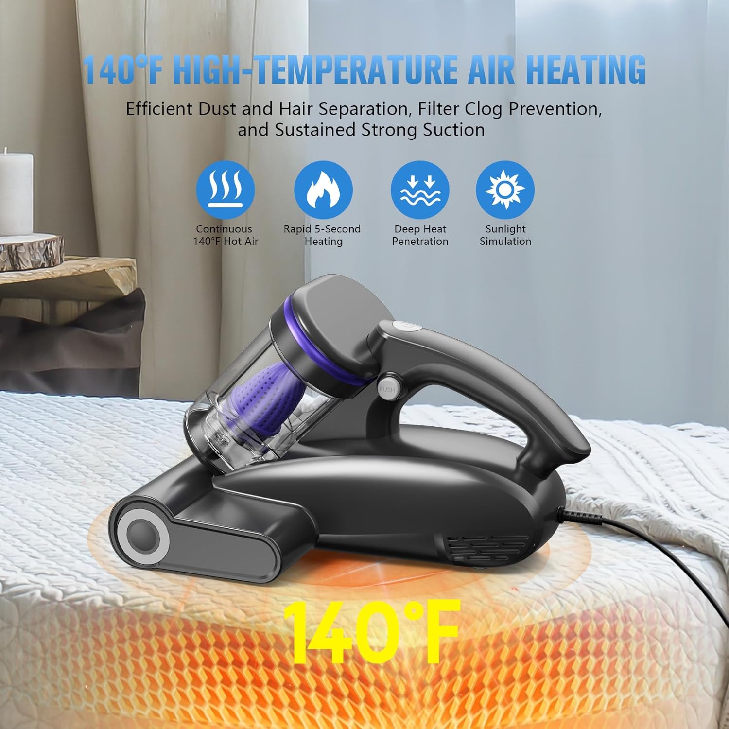 Bed Vacuum Cleaner Mattress Vacuum Cleaner,16Kpa Powerful Handheld Vacuums with UV-C Light & Double Dust Cup & High Heating & Ultrasonic & Anion for Bed Sofa