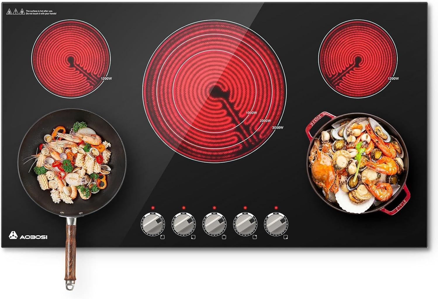 AAOBOSI 36 Inch Electric Cooktop 5 Burners, Upgraded 9000W Knob Control Built-in Ceramic Cooktop,Electric Stove Top,9 Heating Level, Chlid Lock Timer, ETC&FCC 220V~240V for Hard Wire(No Plug)