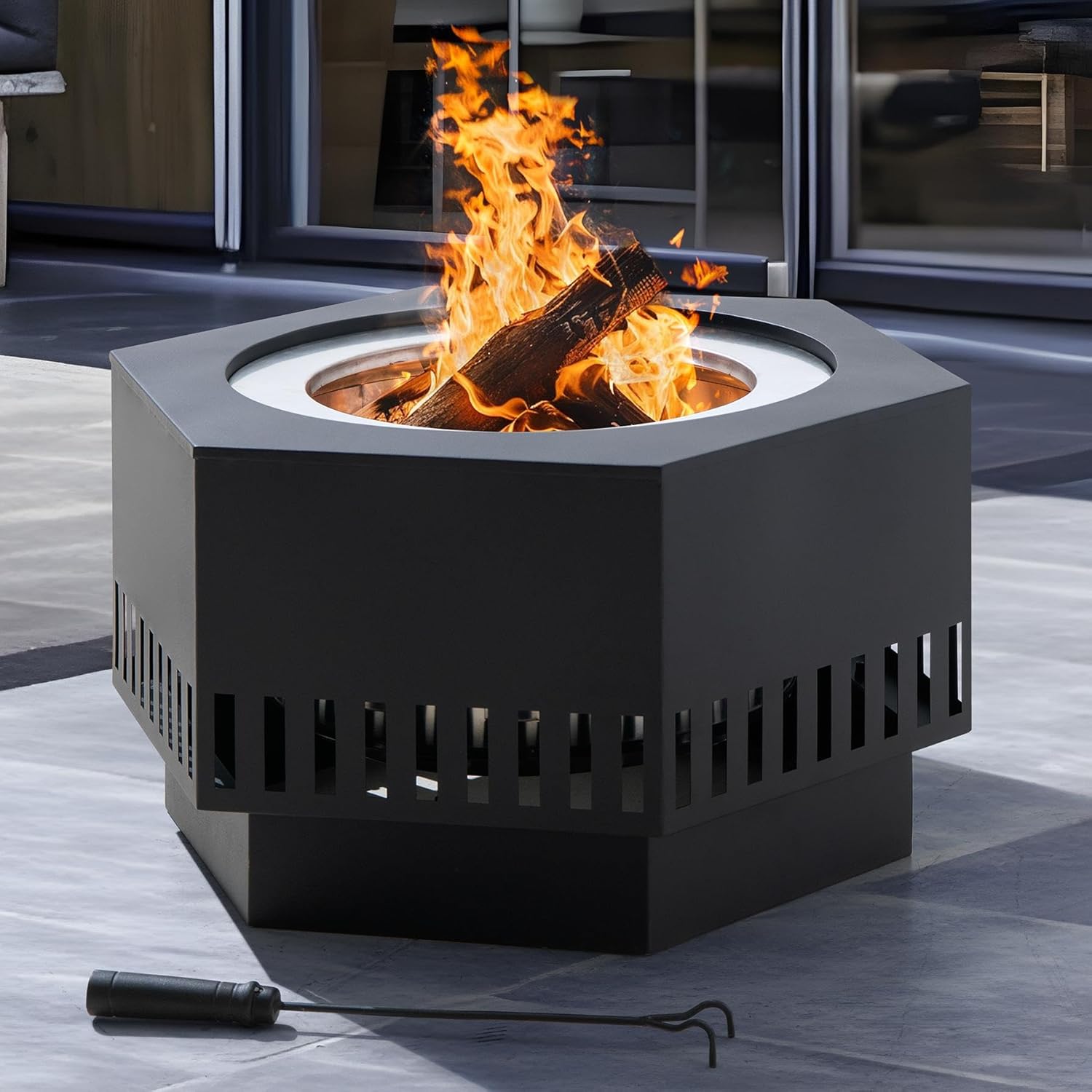 Sunjoy 28 in Smokeless Fire Pit with Removable Ash Pan, Outdoor Portable Hexagonal Wood Burning Fireplace with PVC Cover and Fire Poker,Ideal for Camping, Bonfire, and Backyard, Black