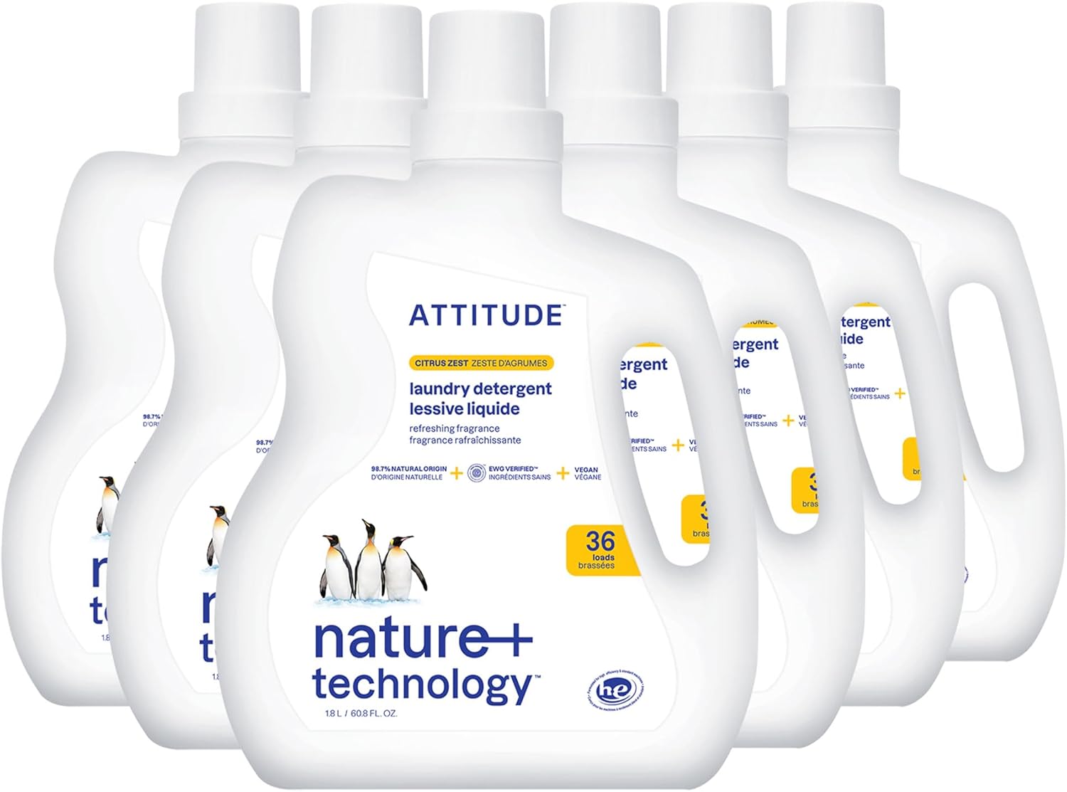 ATTITUDE Liquid Laundry Detergent, EWG Verified, HE Compatible, Plant-Based & Vegan, Natural Laundry Soap, Citrus Zest, 36 Loads, 60.8 Fl Oz (Pack of 6)