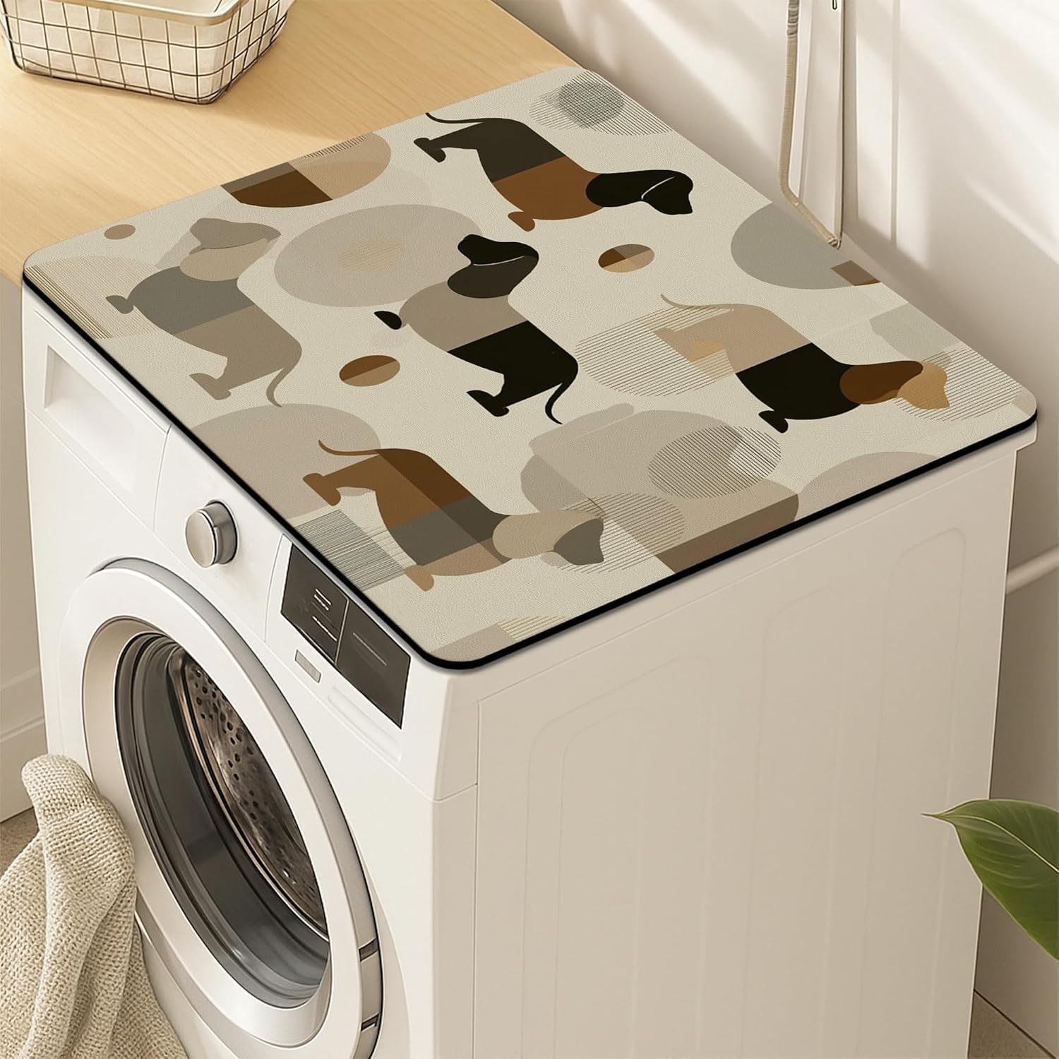 Dachshund Washer Dryer Top Protector Mat, Retro Geometric Dog Print Laundry Machine Dust Top Covers, Modern Rubber Anti-slip Waterproof Washer And Dryer Mats for Laundry Room 24x24 Inch