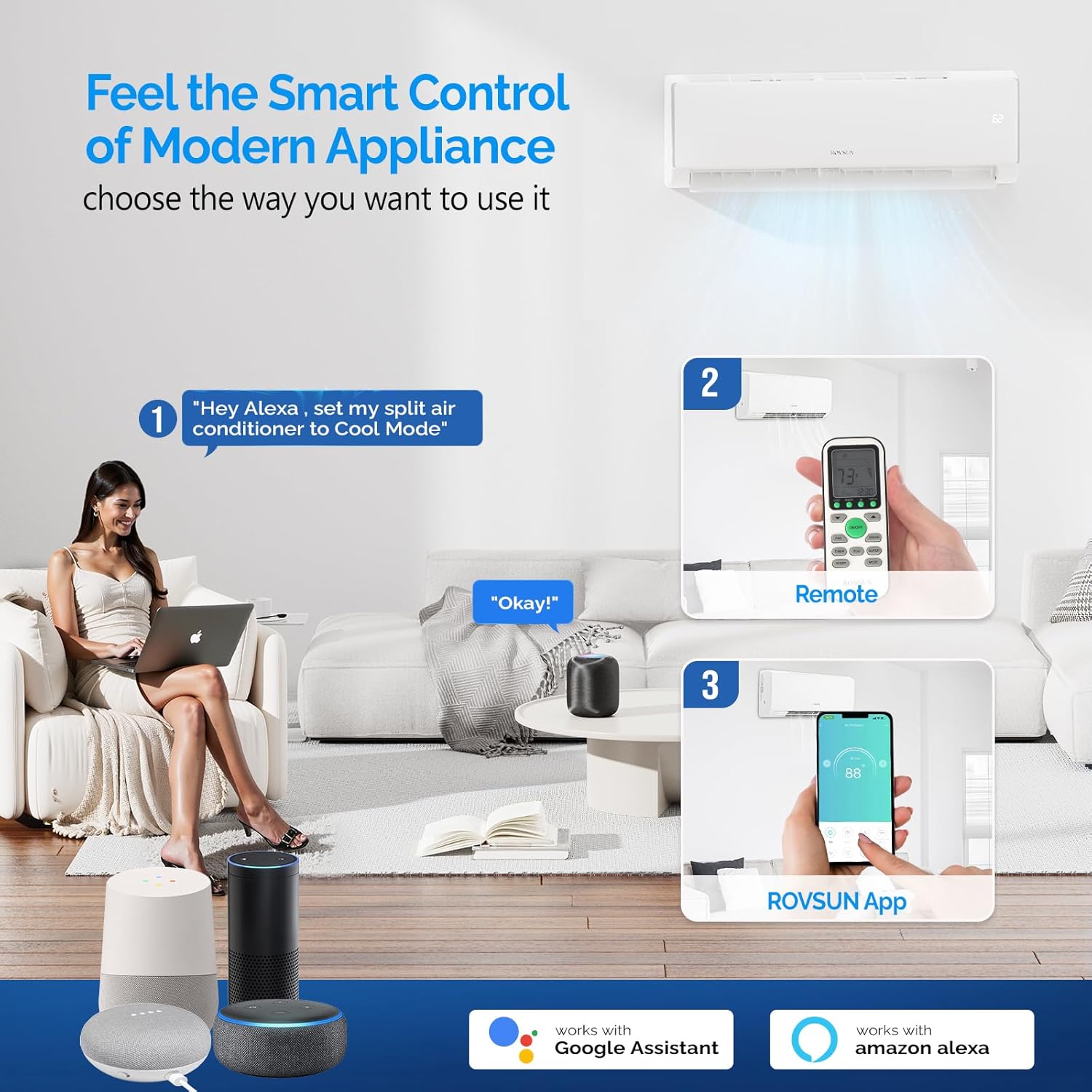 ROVSUN 17000 BTU Wifi Enabled Mini Split Air Conditioner & Heater, 17 SEER2 230V Inverter Ductless Wall AC Unit with Pre-Charged Condenser, Heat Pump & Installation Kit